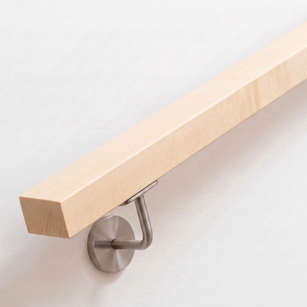 Main courante rectangulaire en érable très clair avec support inox sur mur blanc, extrémité droite, vue oblique