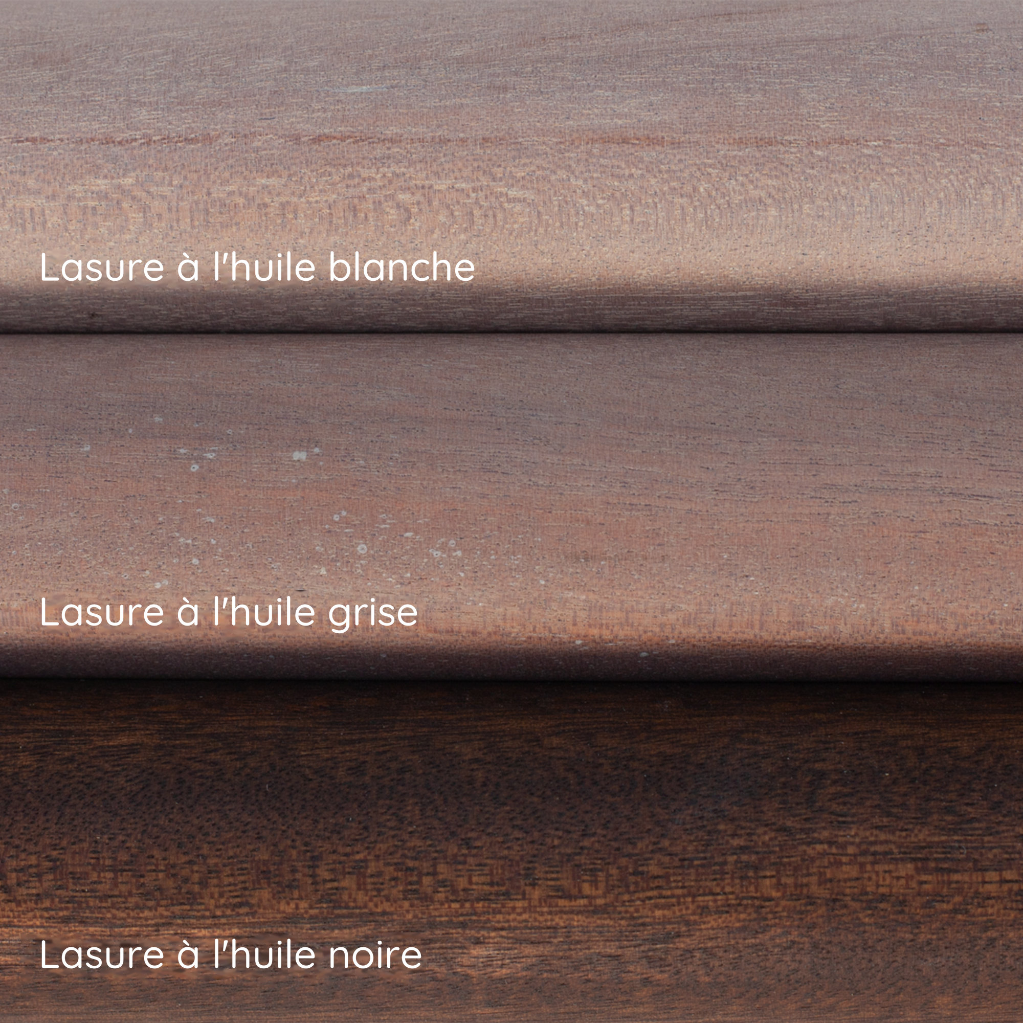 Lasures à l'huile blanche, grise et noire sur main courante en acajou : trois échantillons de teinte superposés