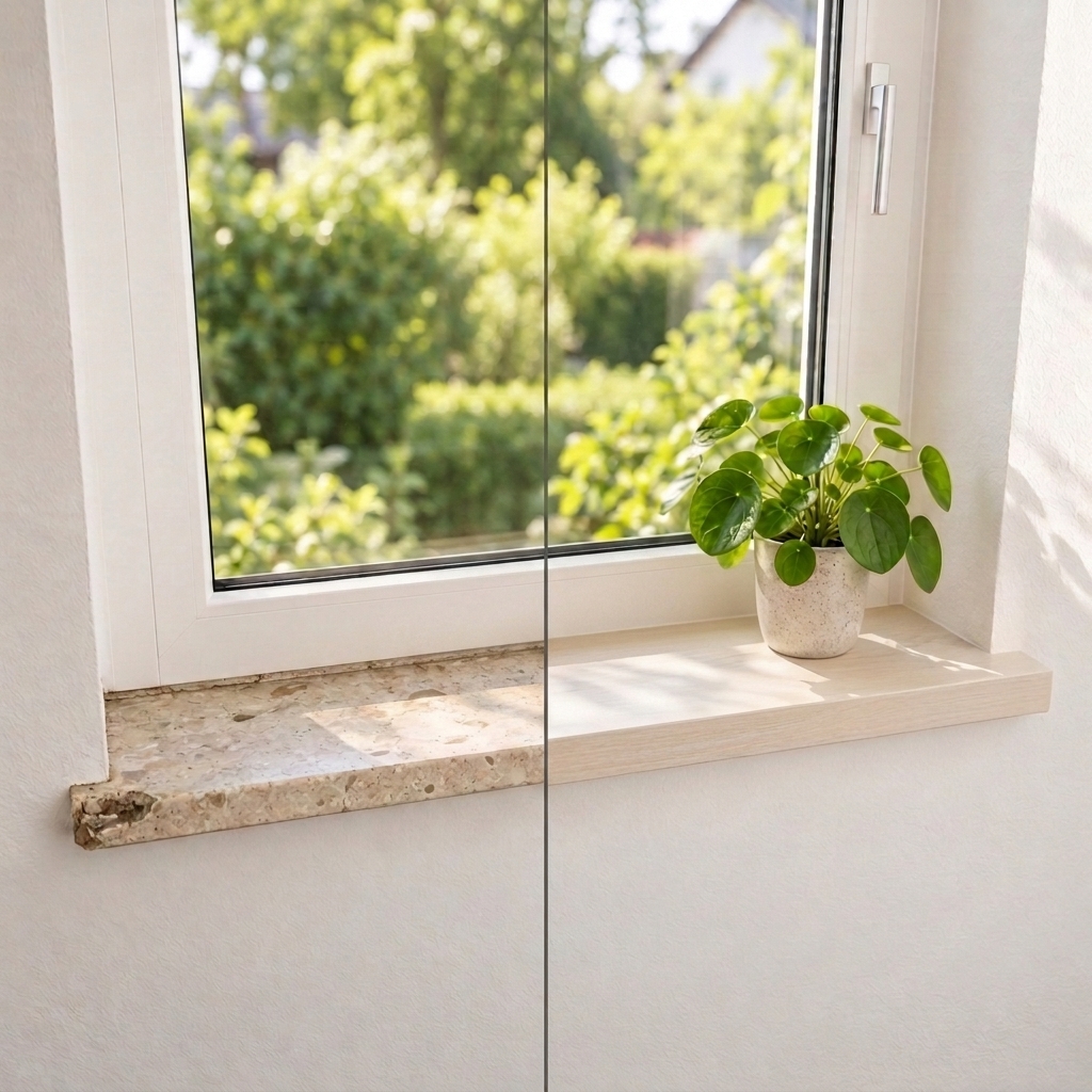 Appui de fenêtre de rénovation en hêtre teinté blanc, avant-après : ancien appui en pierre à gauche, bois à droite