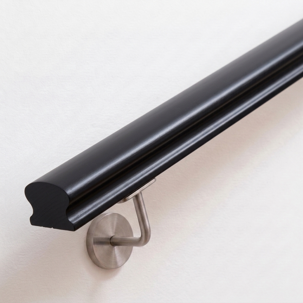 Main courante Omega en hêtre laquée noir à section profilée, support de main courante inox sur mur blanc, extrémité droite