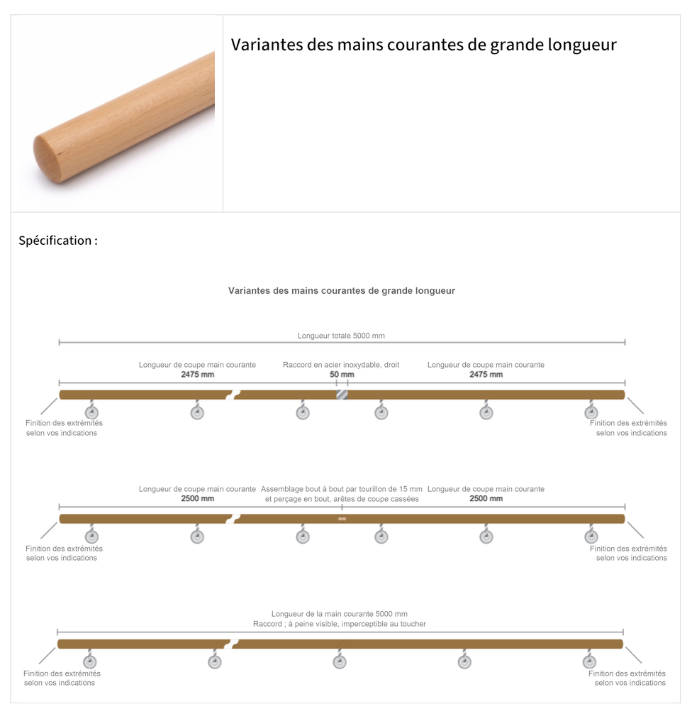Fiche technique mains courantes extra-longues : croquis 5000 mm avec raccord inox, assemblage à tourillons ou coupe d'onglet