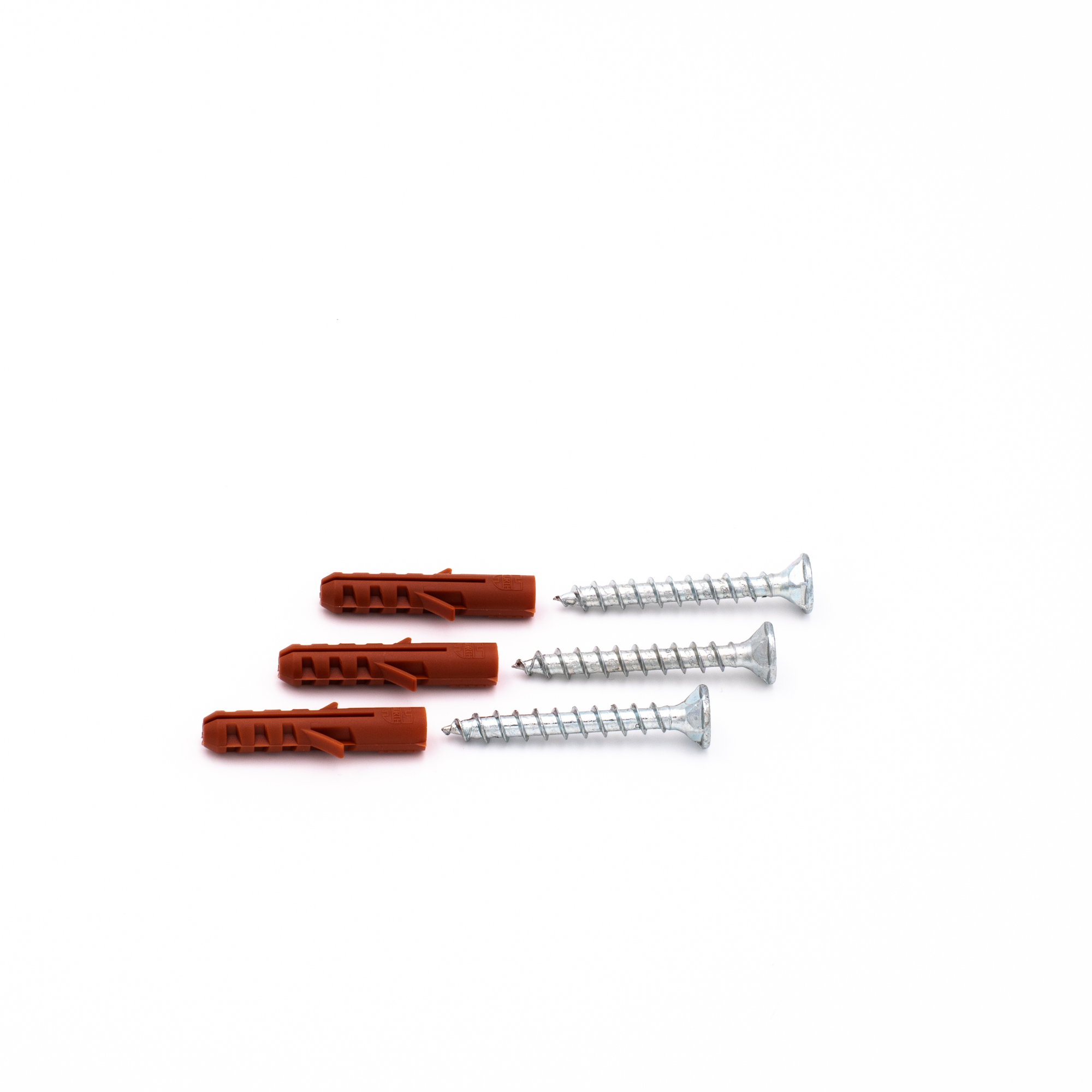 Accessoires de montage support de main courante modèle 01 : trois chevilles rouges et trois vis, détouré sur fond blanc