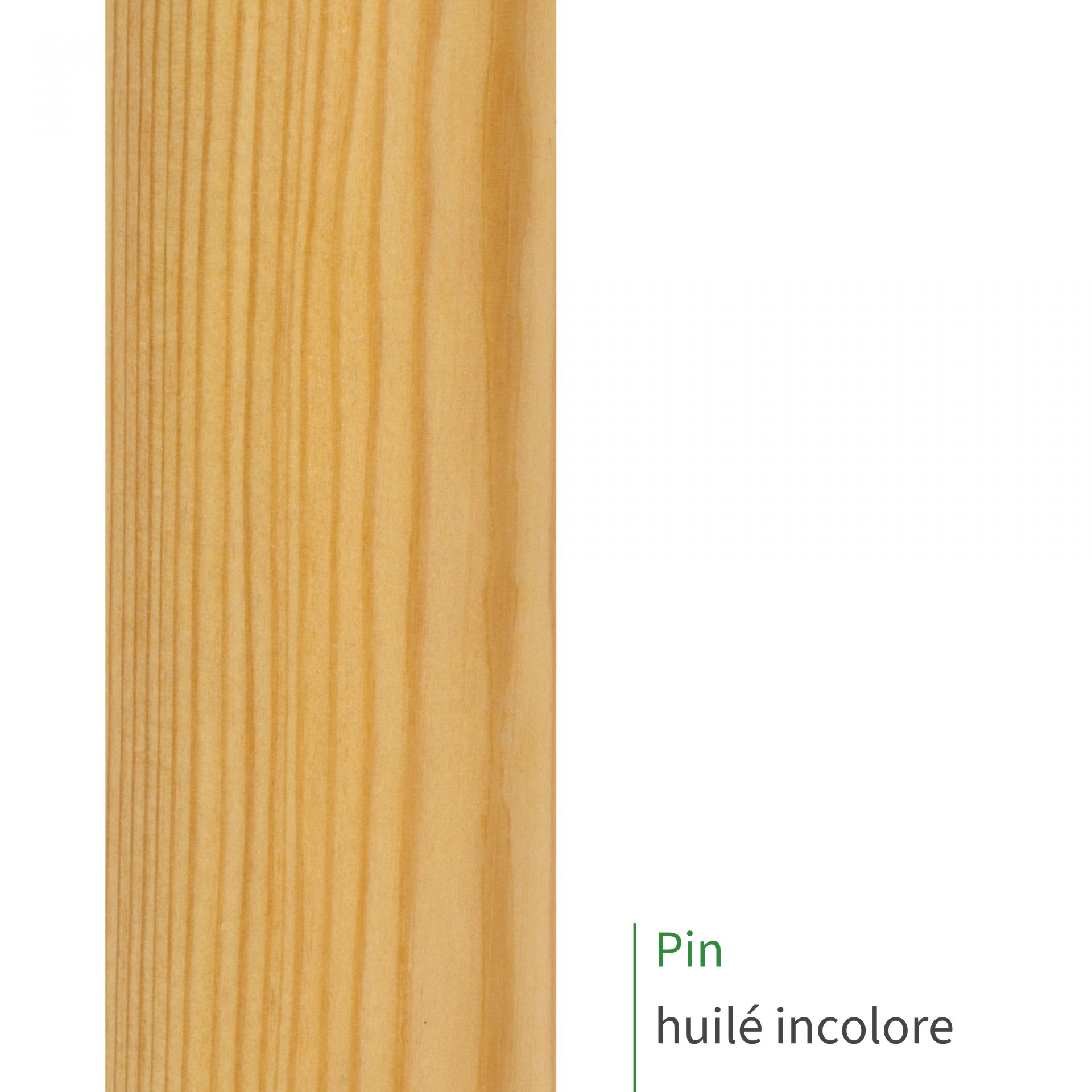 Main courante en pin huilé incolore : gros plan sur le bois jaune doré et ses cernes marqués, mention Pin huilé incolore