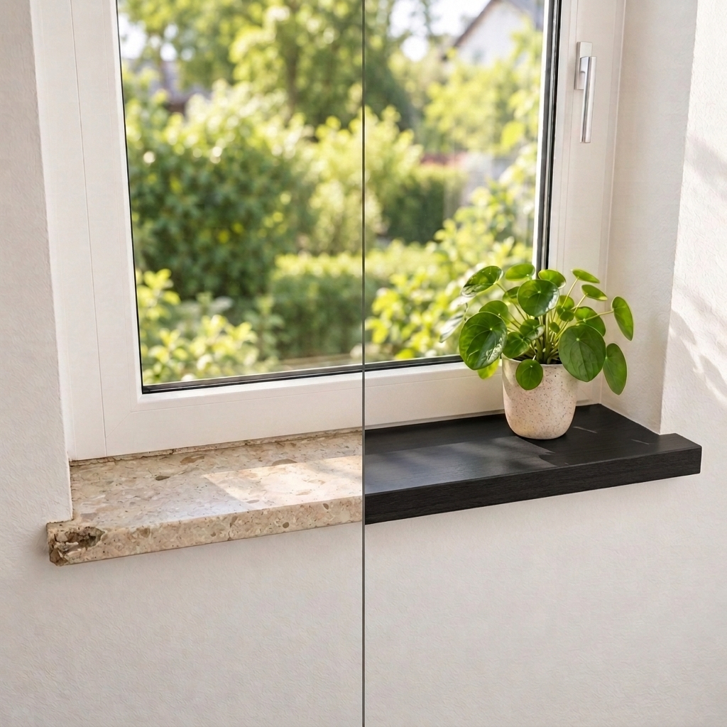 Appui de fenêtre de rénovation en hêtre teinté noir, avant-après : ancien appui en pierre à gauche, bois à droite