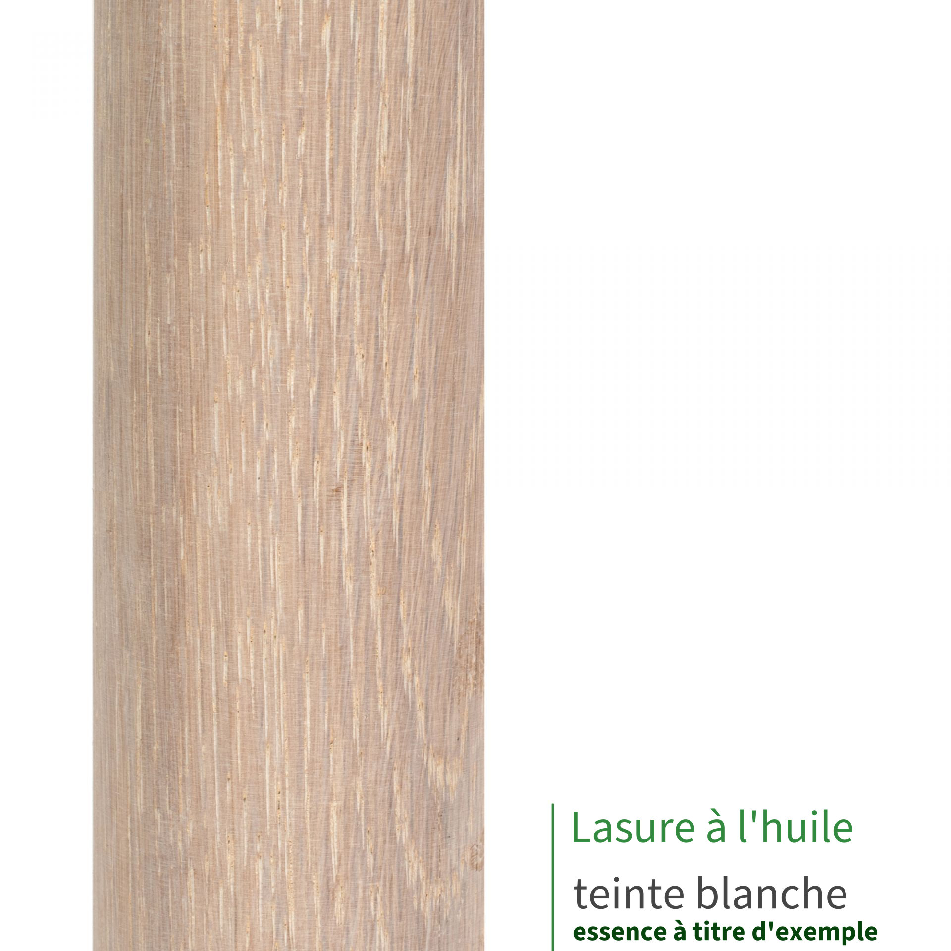 Lasure à l'huile teinte blanche sur main courante en bois : gros plan du veinage éclairci, essence à titre d'exemple