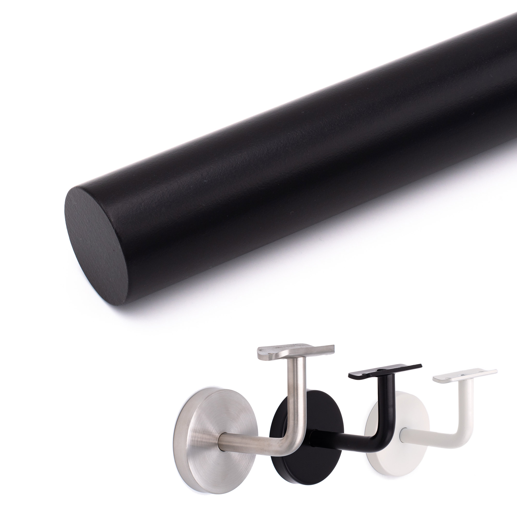 Main courante ronde en hêtre noir, extrémité coupée droite, en dessous supports inox, noir et blanc au choix