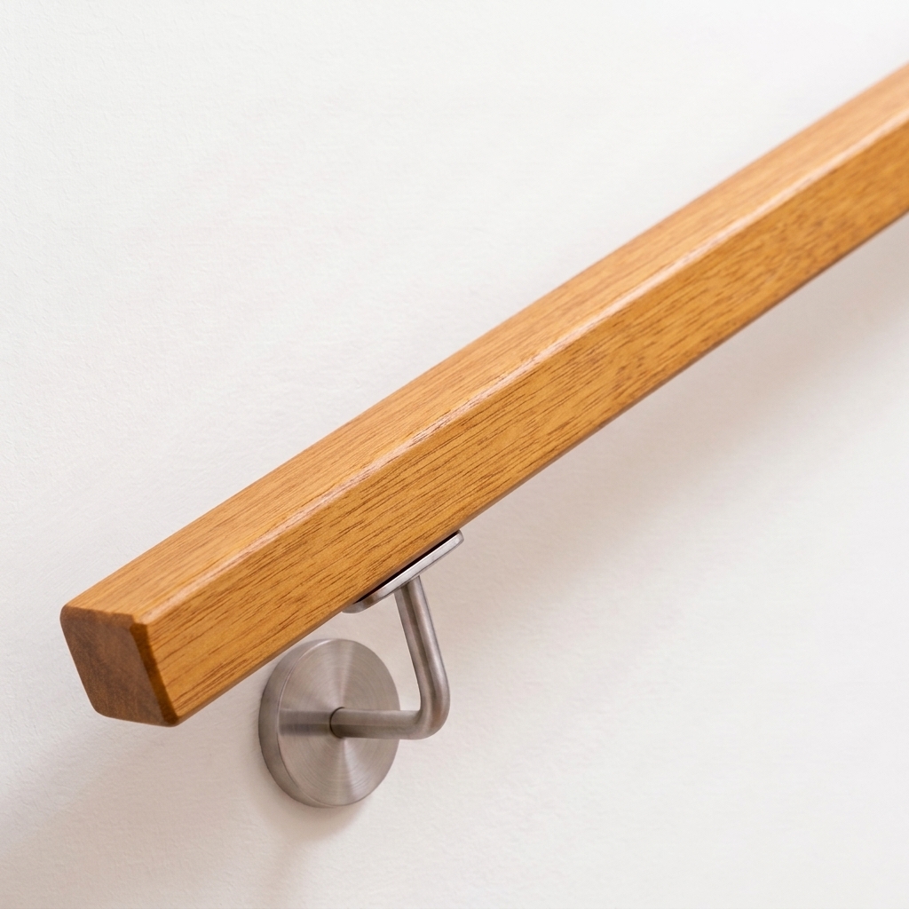 Main courante carrée en iroko brun doré avec support de main courante inox sur mur blanc, extrémité droite, vue oblique