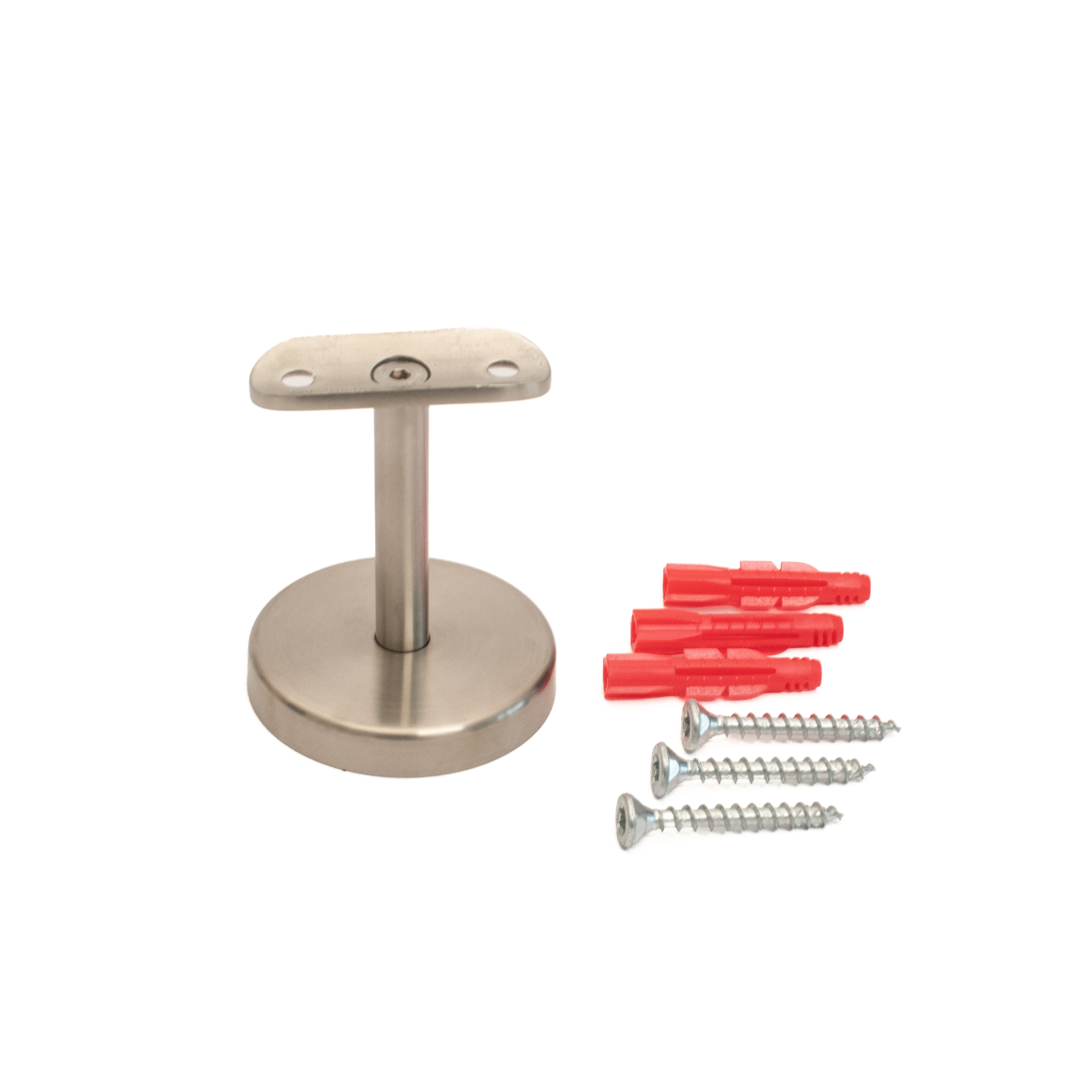 Support de main courante modèle 06 court inox, plaque bombée à fixation en 3 points, à côté trois chevilles rouges et vis