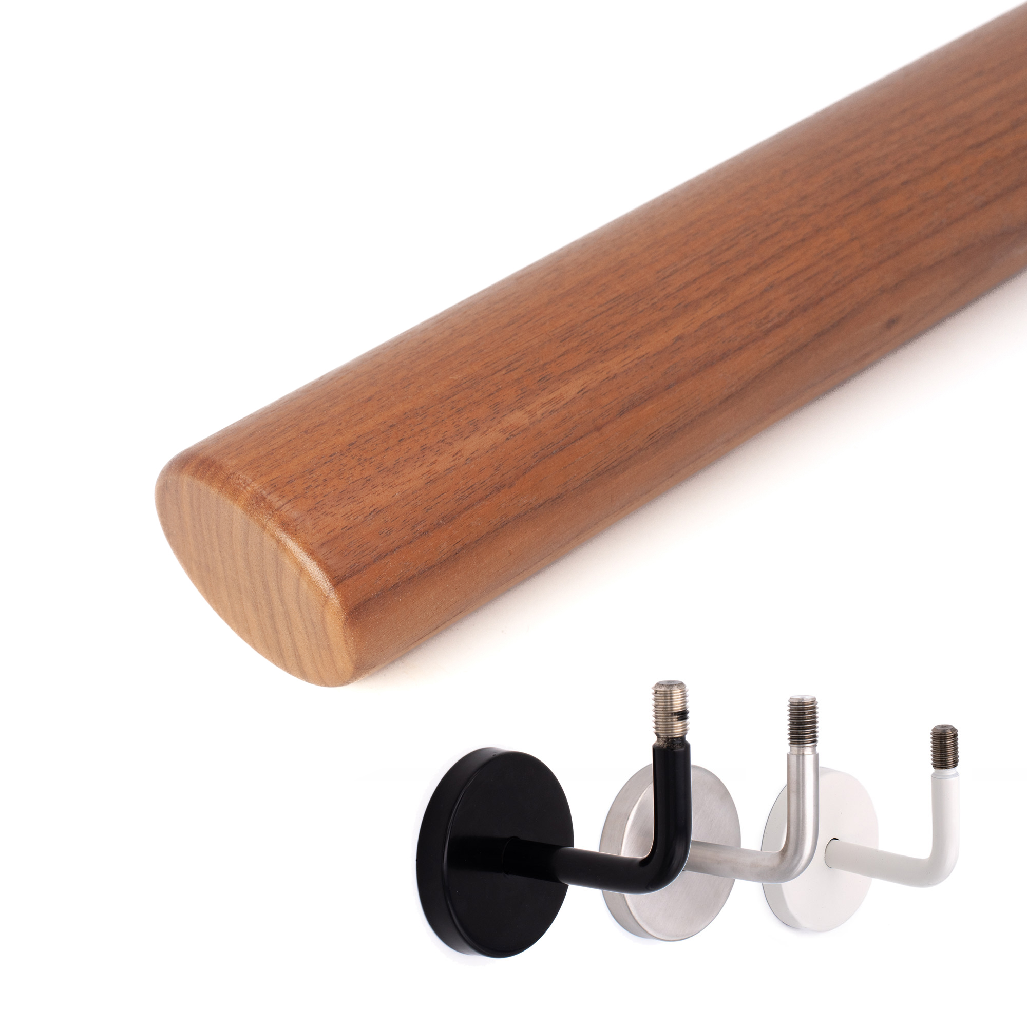 Main courante ovale en noyer, détourée avec profil ovale, en dessous trois supports noir, inox et blanc