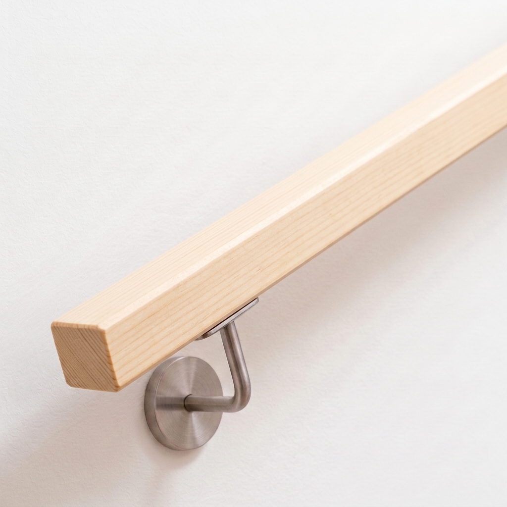 Main courante carrée en épicéa naturel avec support de main courante inox sur mur blanc, vue en diagonale, extrémité droite