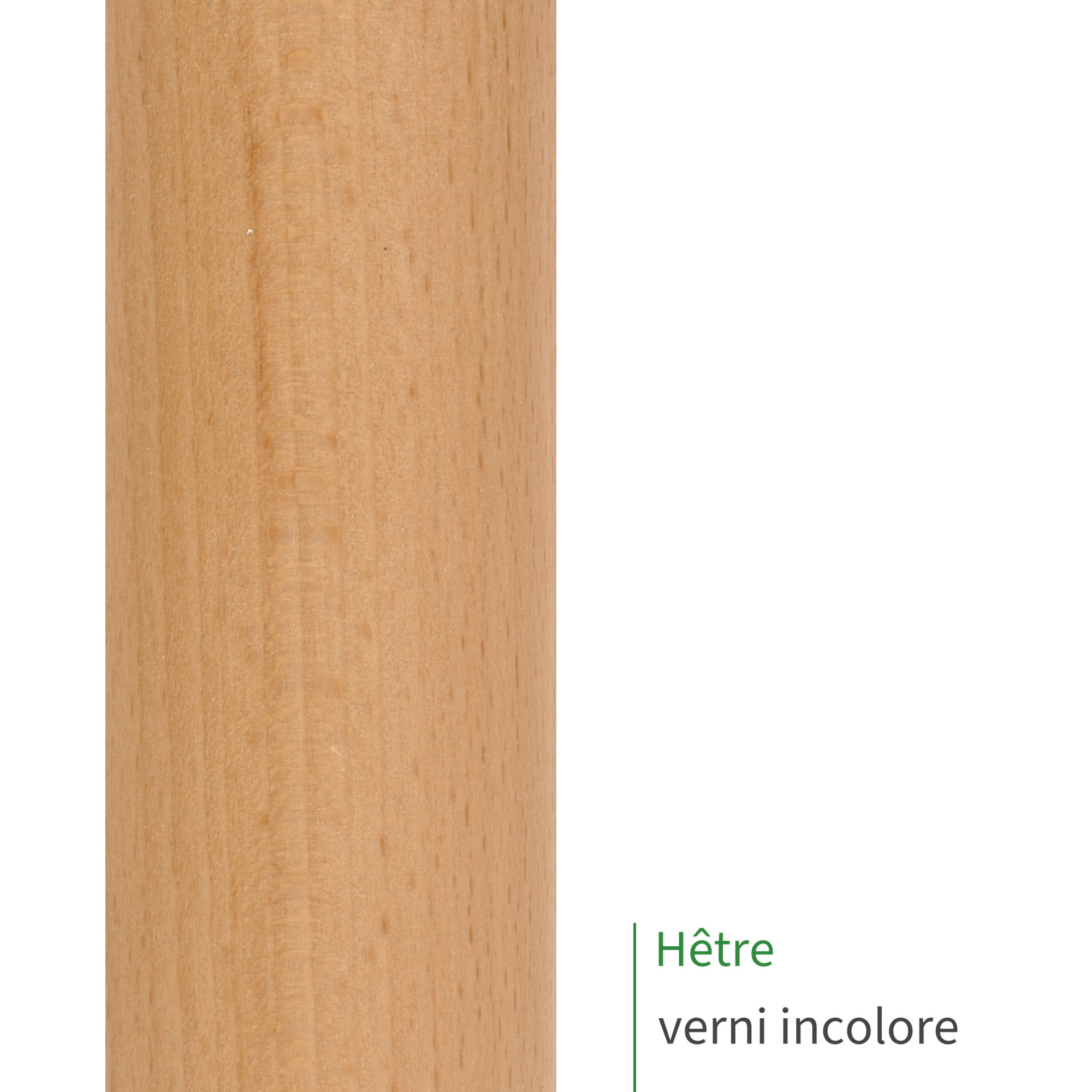 Barre ronde en hêtre verni incolore : gros plan sur la surface lisse et satinée du bois, mention Hêtre verni incolore