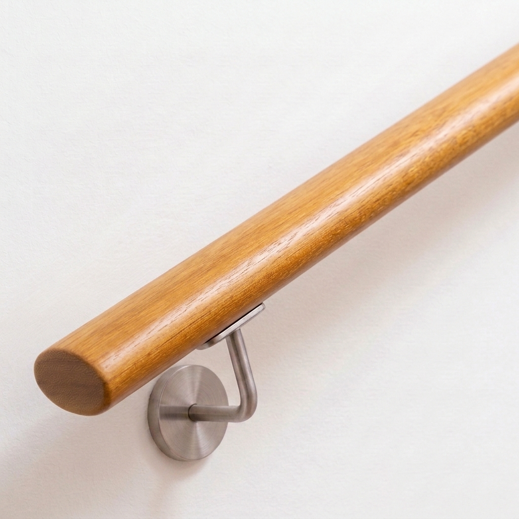 Main courante ovale en iroko brun doré avec support inox sur mur blanc, extrémité droite, vue oblique de dessus