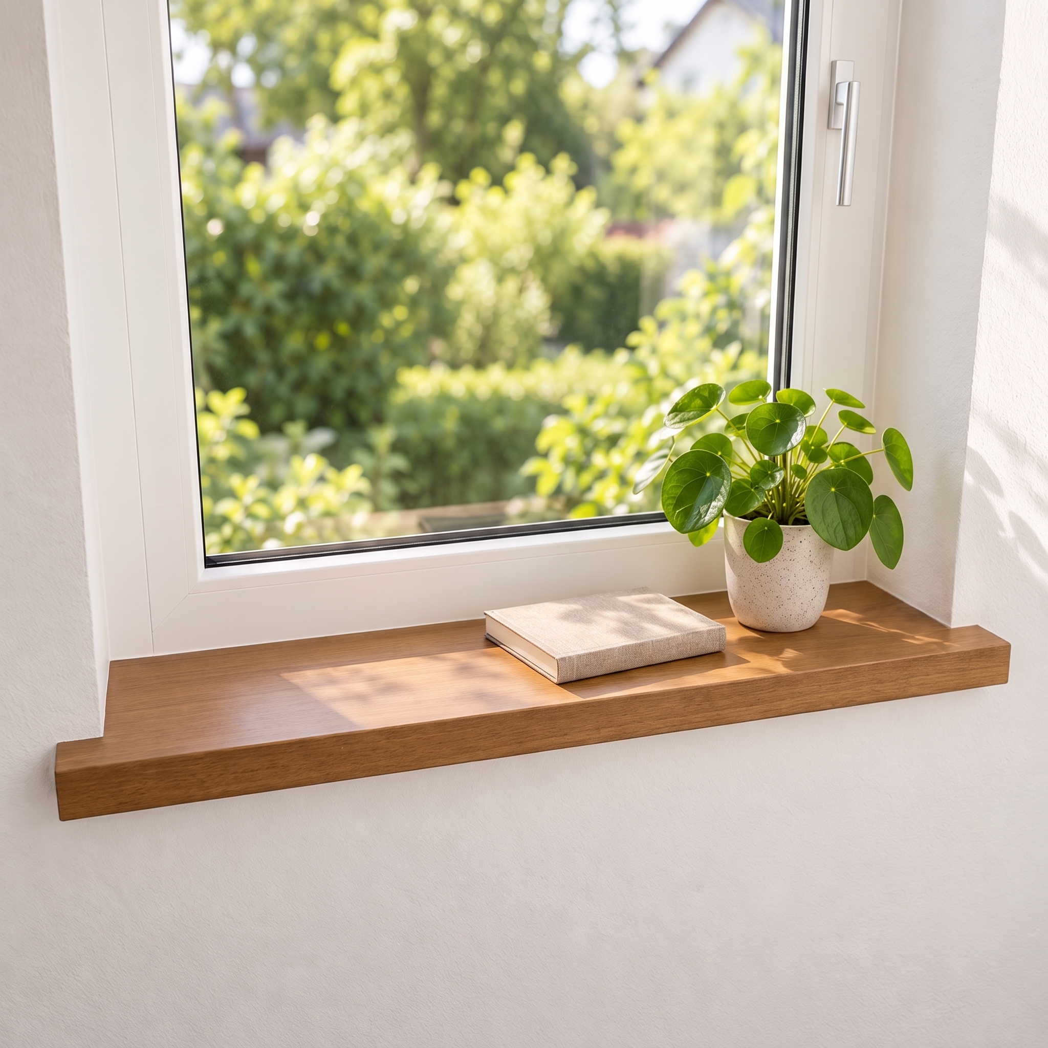 Appui de fenêtre de rénovation en hêtre teinté brun, bois massif, devant fenêtre blanche côté jardin, pilea en pot blanc