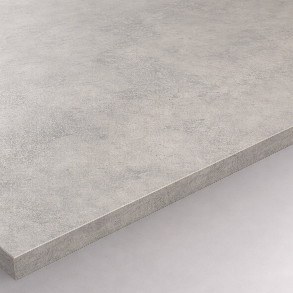 Appui de fenêtre en mélaminé aspect pierre béton, gros plan du décor béton et du chant avant
