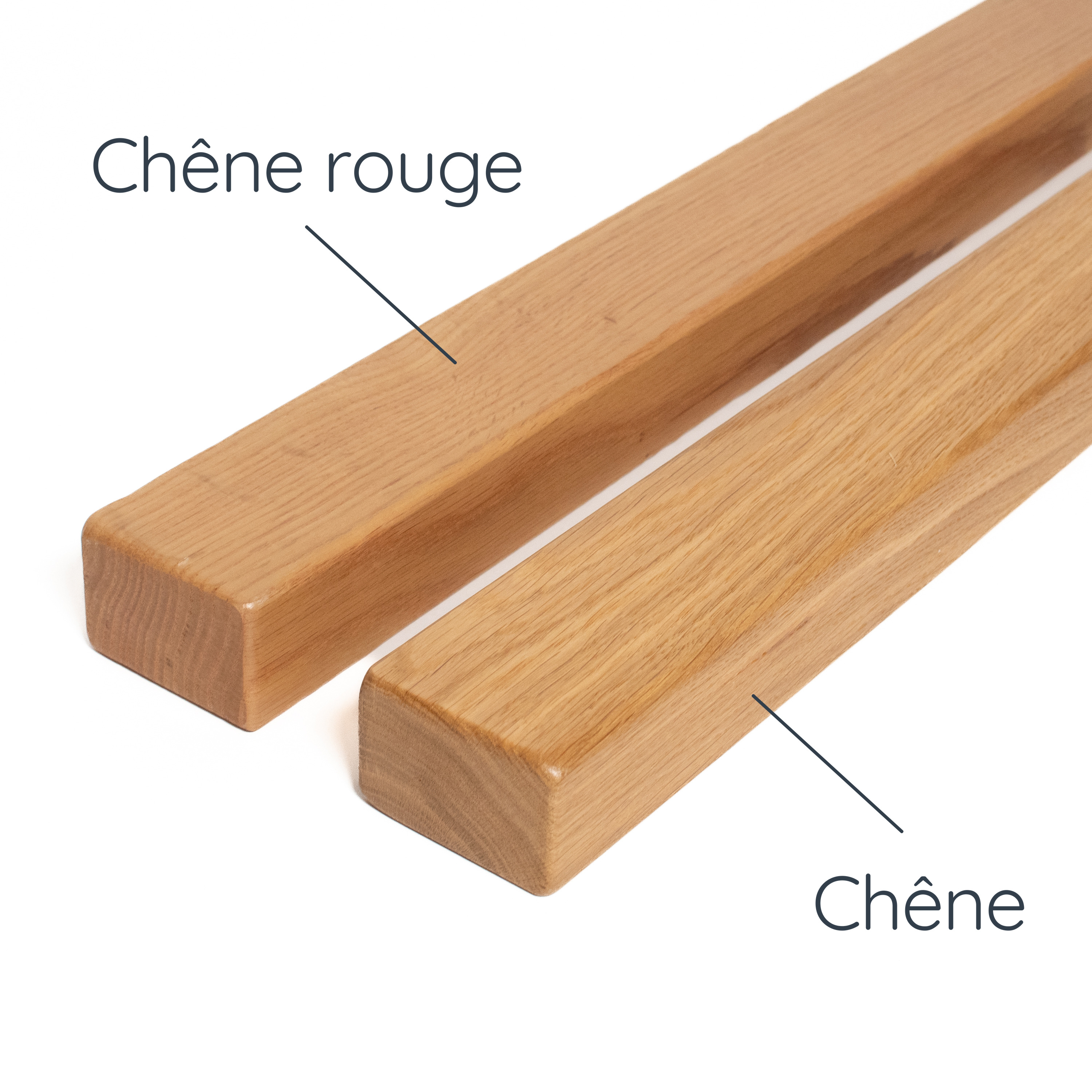 Comparaison de mains courantes carrées en chêne rouge et en chêne : arêtes arrondies, veinage et teinte côte à côte