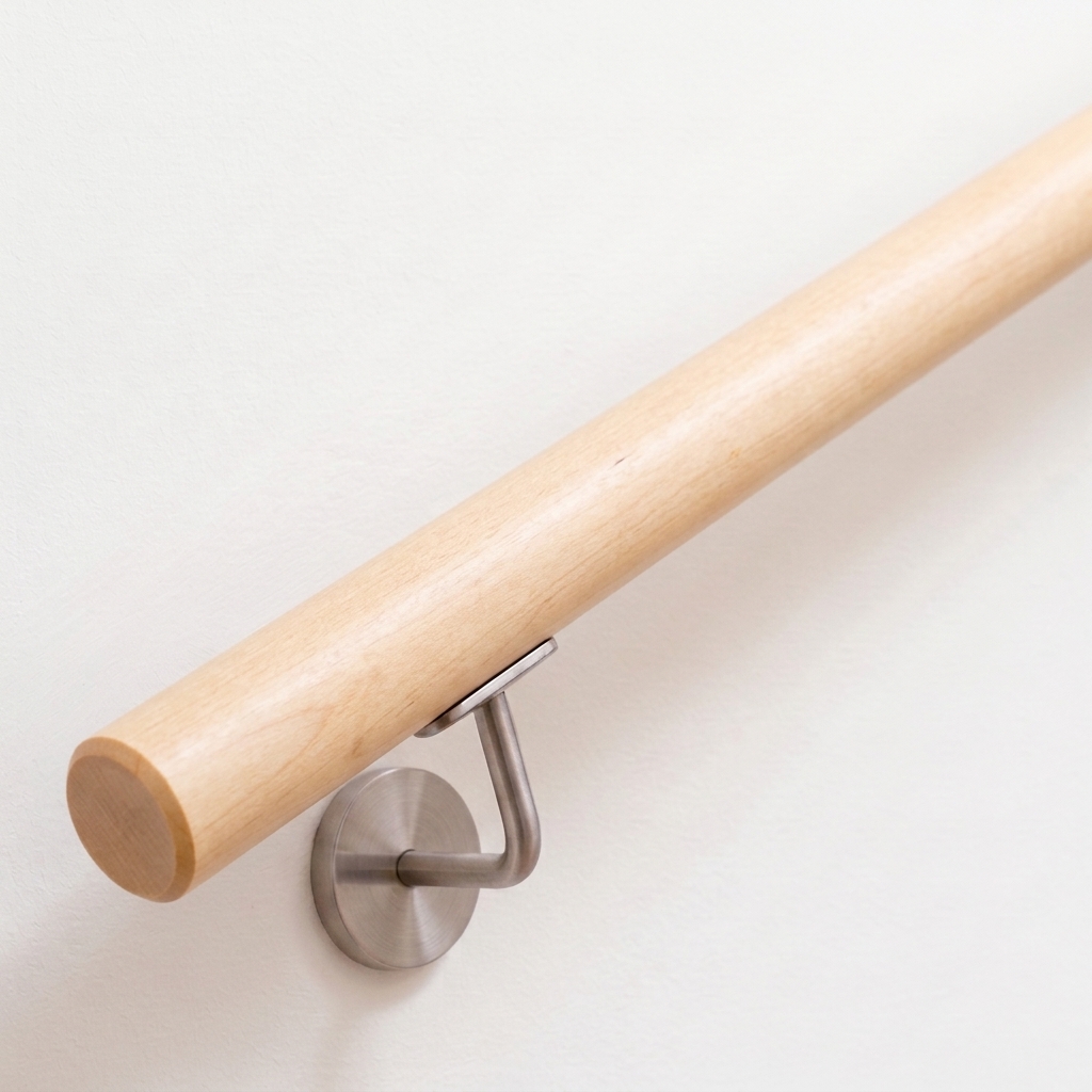 Main courante ronde en érable très clair avec support inox sur mur blanc, extrémité droite, vue oblique de dessus