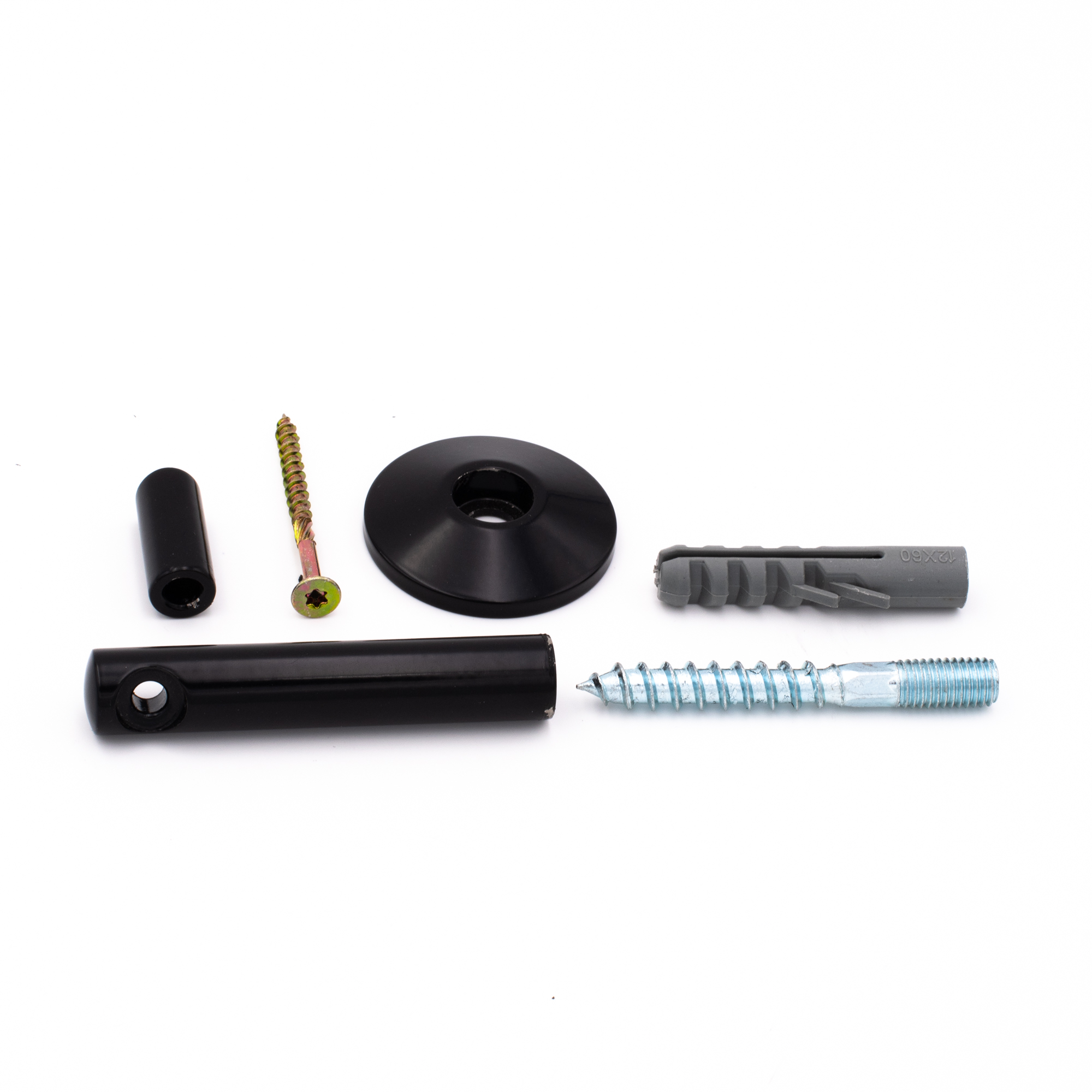 Support de main courante Mod.05 noir, pièces : tige, rosace conique, entretoise, vis à double filetage, cheville, vis à bois