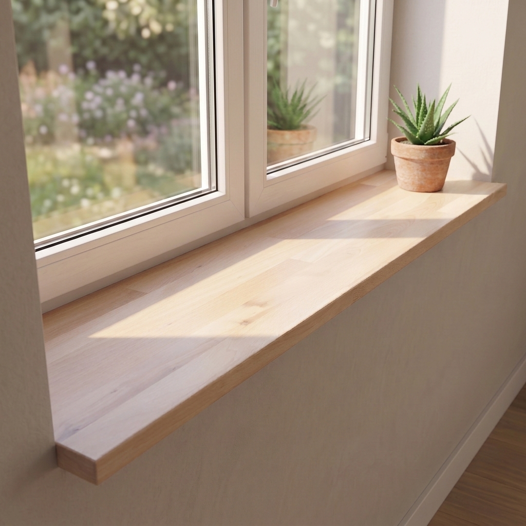 Appui de fenêtre en hêtre teinté blanc, abouté, sous double fenêtre donnant sur le jardin, aloès en pot en terre cuite