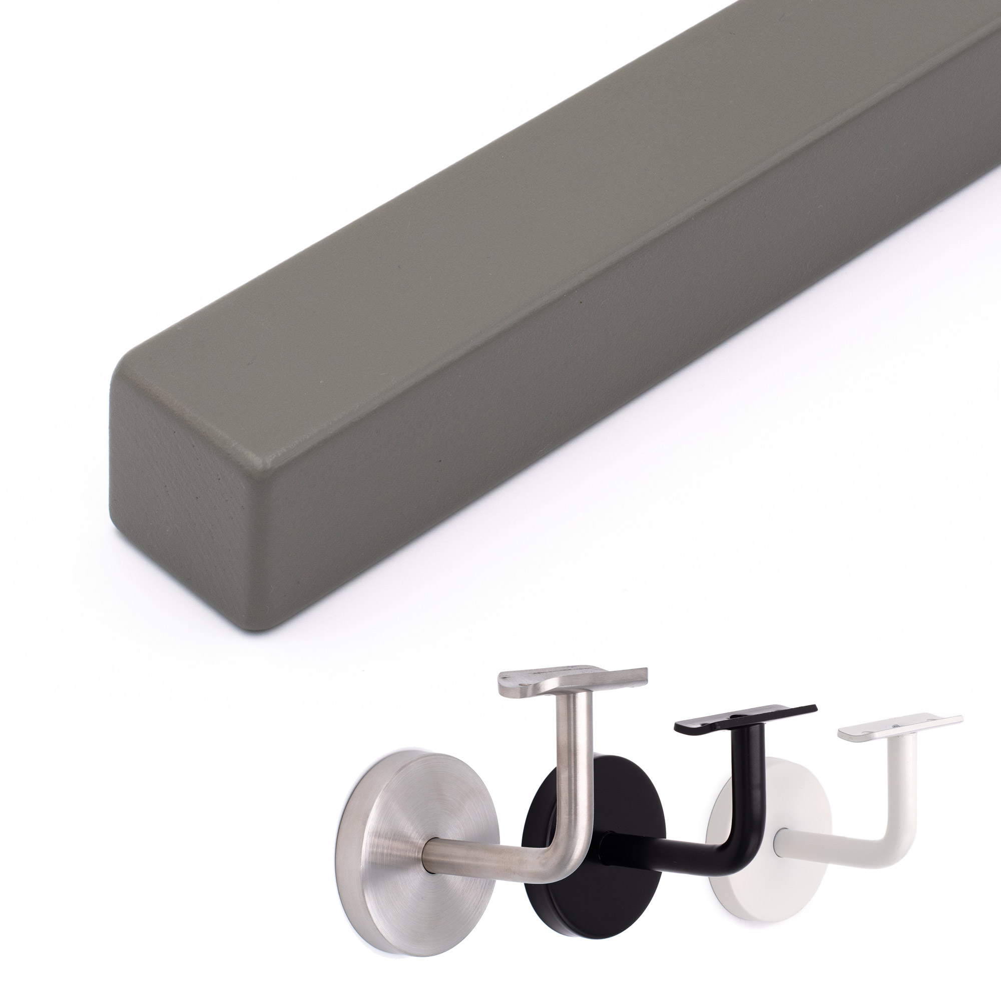Main courante carrée en hêtre gris, extrémité aux arêtes arrondies, avec supports de main courante inox, noir et blanc