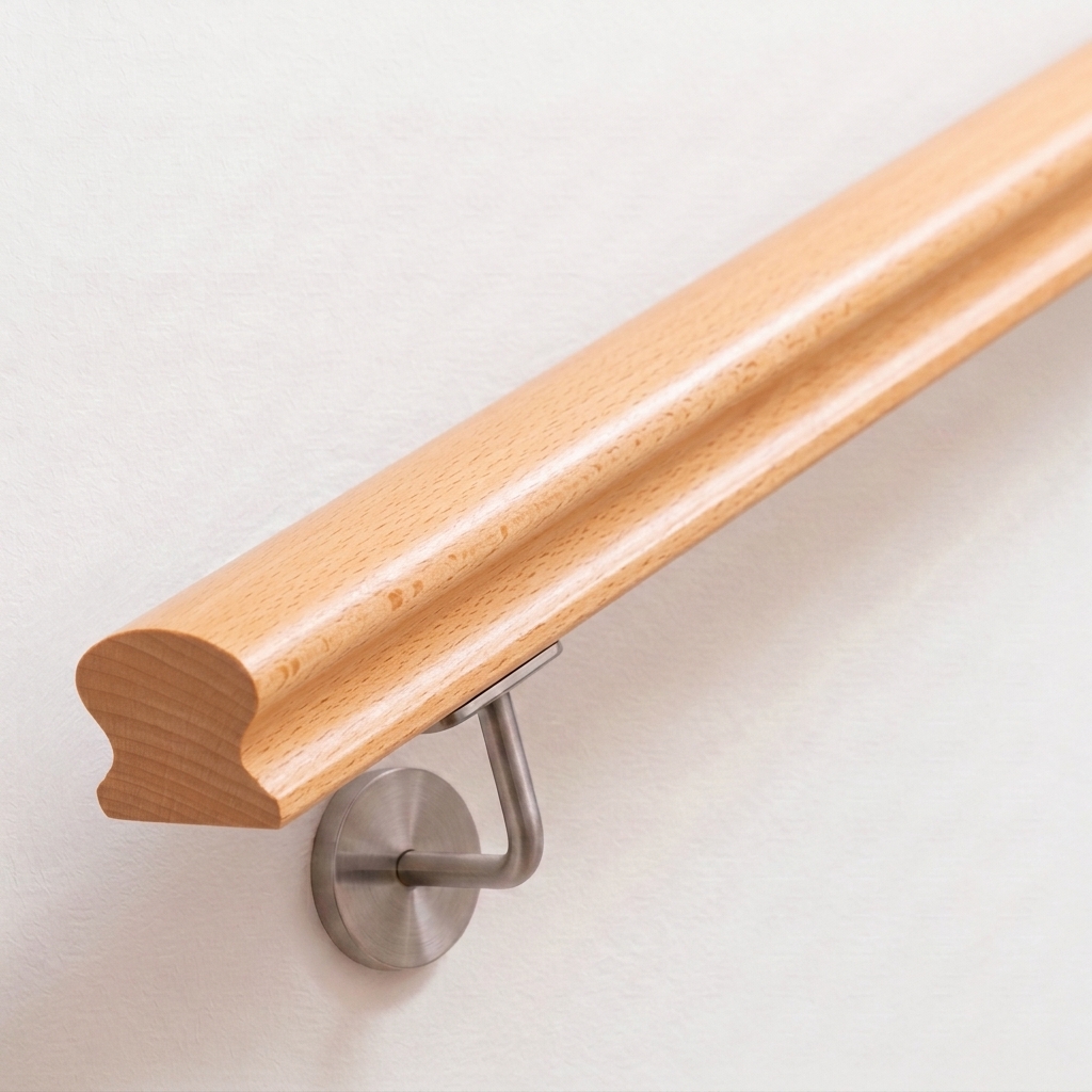 Main courante Omega en hêtre clair à section Omega profilée, support de main courante inox sur mur blanc, extrémité droite