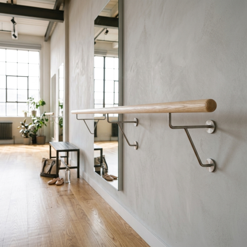 Barre de ballet ronde en frêne avec supports muraux inox sur mur gris à l'enduit, studio loft avec miroir et fenêtres