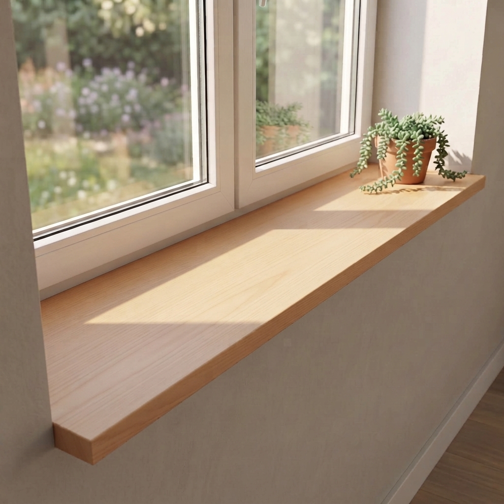 Appui de fenêtre en hêtre naturel, lamelles continues, sous double fenêtre côté jardin, plante retombante en pot