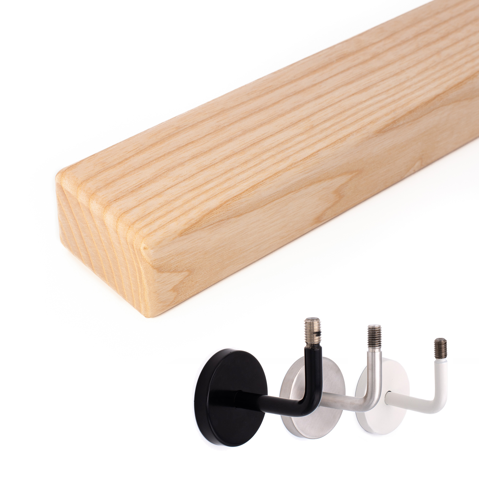 Main courante rectangulaire en frêne : main courante en bois en frêne naturel, à côté supports noir, inox et blanc