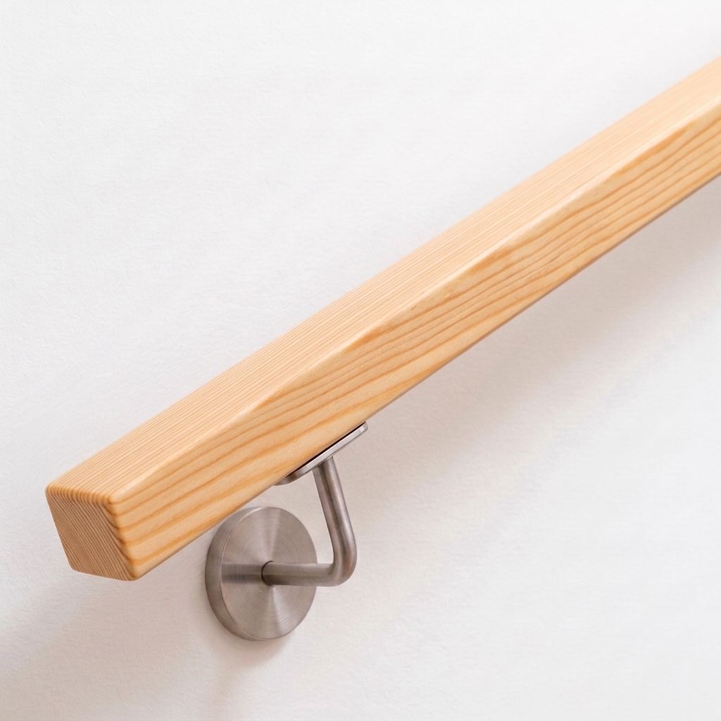 Main courante carrée en pin, résineux clair veiné, support inox sur mur blanc, extrémité droite