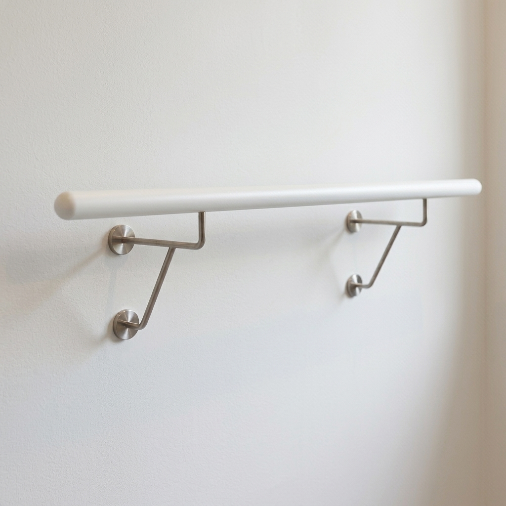 Barre de ballet en hêtre laqué blanc avec deux doubles supports muraux inox sur mur blanc, détourée