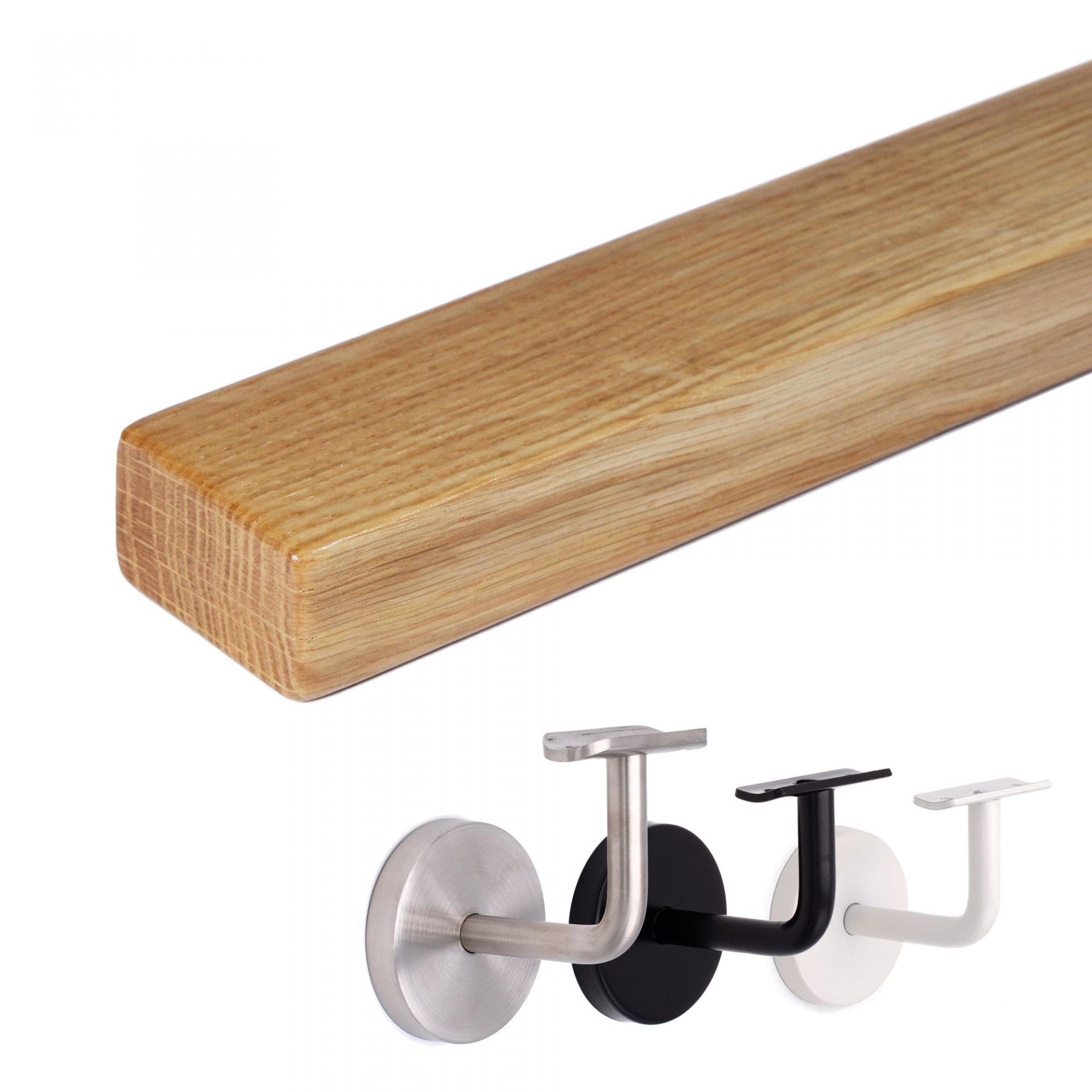 Main courante rectangulaire en chêne : main courante en bois en chêne naturel, à côté supports en inox, noir et blanc