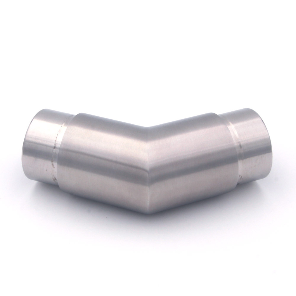 Coude à 45° en acier inoxydable pour main courante inox de 42,4 mm de diamètre, vue latérale avec les deux emboîtements