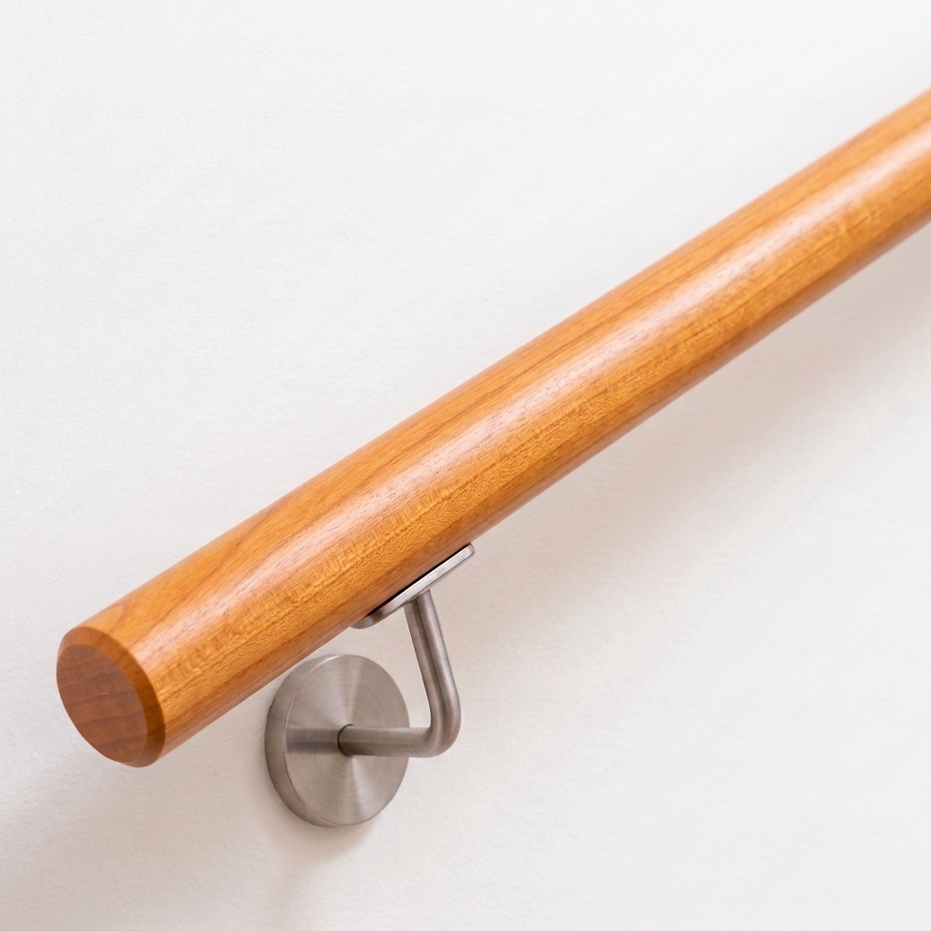 Main courante ronde en merisier rougeâtre chaud avec support inox sur mur blanc, extrémité droite, vue oblique