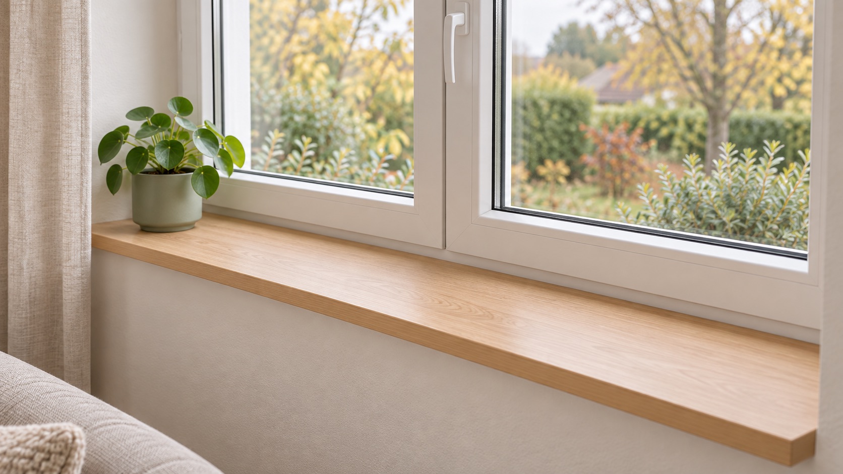 Appui de fenêtre aspect chêne clair sous double fenêtre donnant sur le jardin en automne, pilea en pot vert, canapé