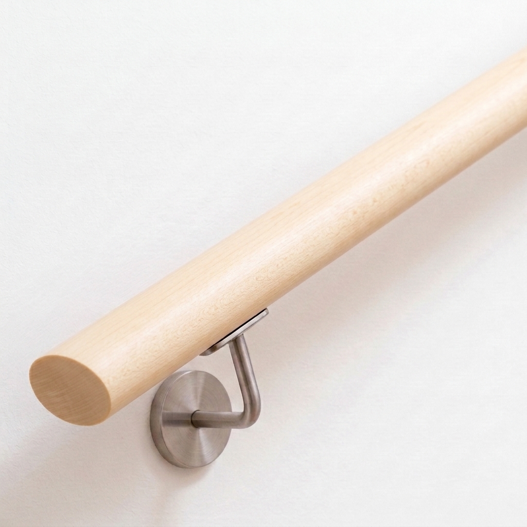 Main courante ovale en érable sur mur blanc avec support inox, bois clair naturel, vue en biais de dessous