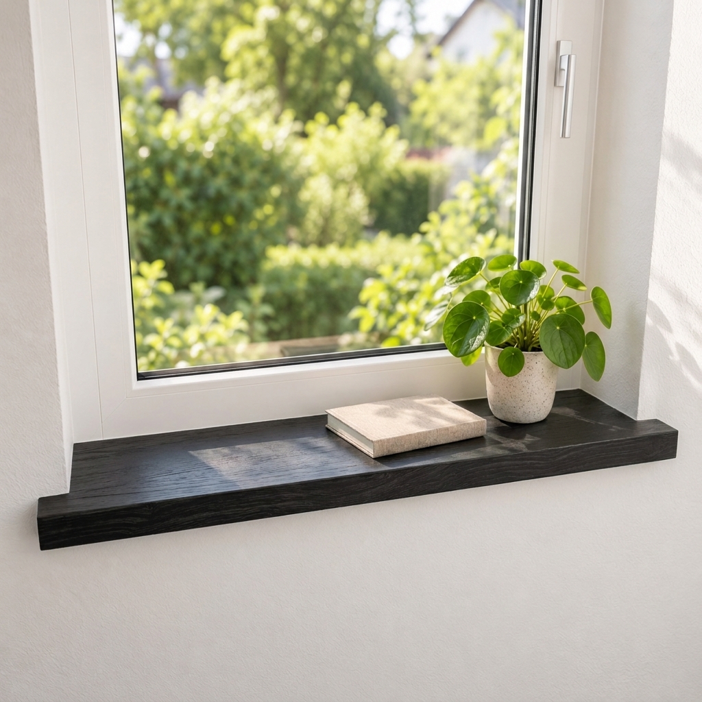 Appui de fenêtre de rénovation en chêne teinté noir, bois massif, fenêtre côté jardin, plante en pot et livre sur l'appui