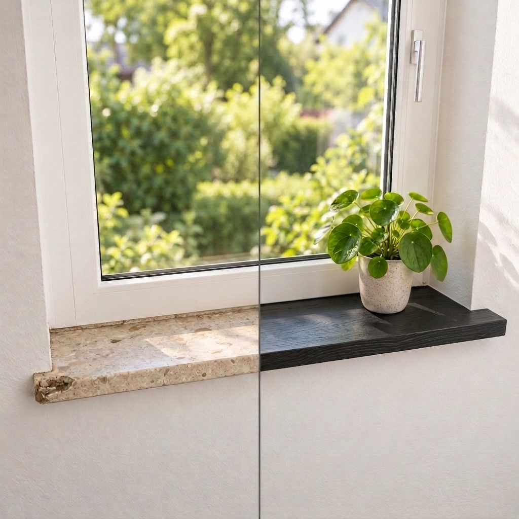 Appui de fenêtre de rénovation en chêne teinté noir, avant-après : ancien appui en pierre à gauche, bois à droite