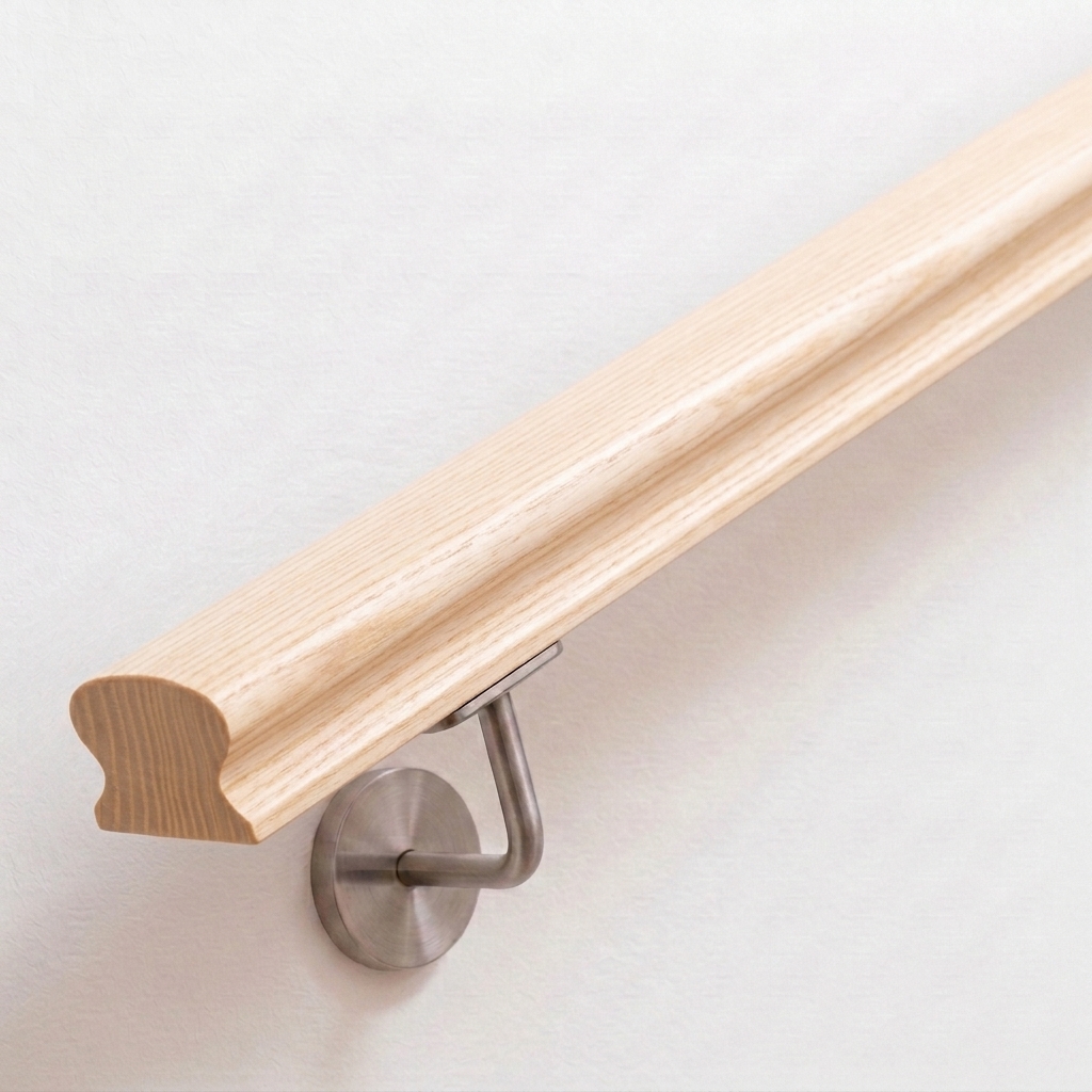 Main courante Omega en frêne clair à section profilée, support de main courante inox sur mur blanc, extrémité droite