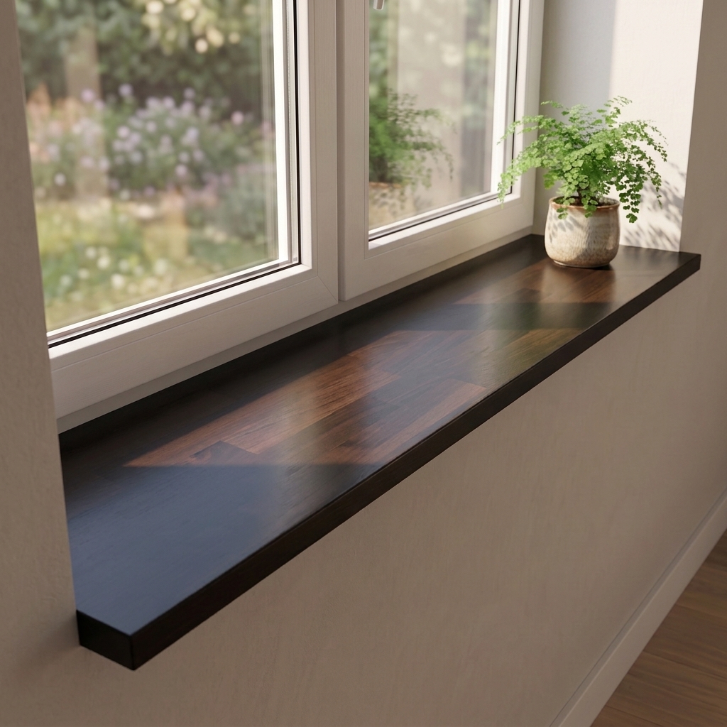 Appui de fenêtre en hêtre à cœur rouge teinté noir, abouté, sous fenêtre côté jardin, surface foncée à segments brun-rouge