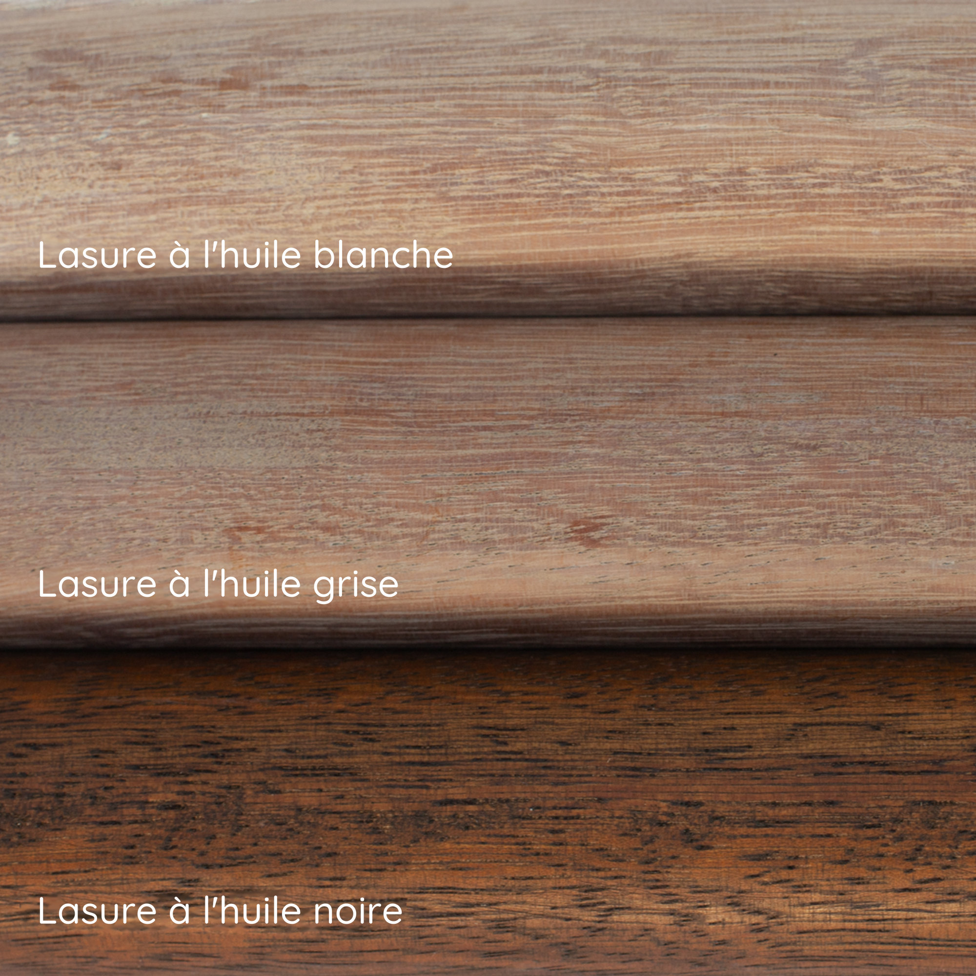 Lasures à l'huile blanche, grise et noire sur main courante en iroko : trois échantillons de teinte superposés