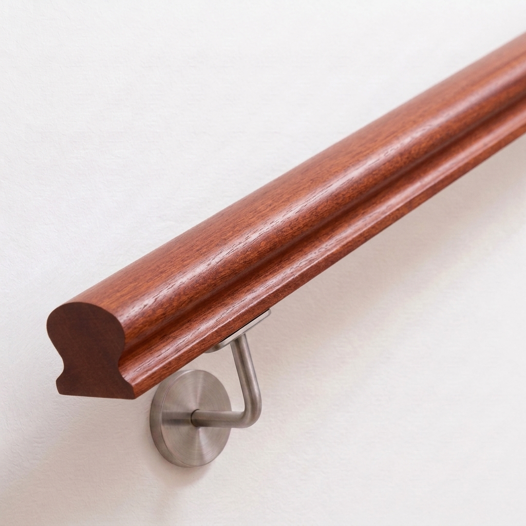 Main courante Omega en acajou brun-rouge à section profilée, support de main courante inox sur mur blanc, extrémité droite