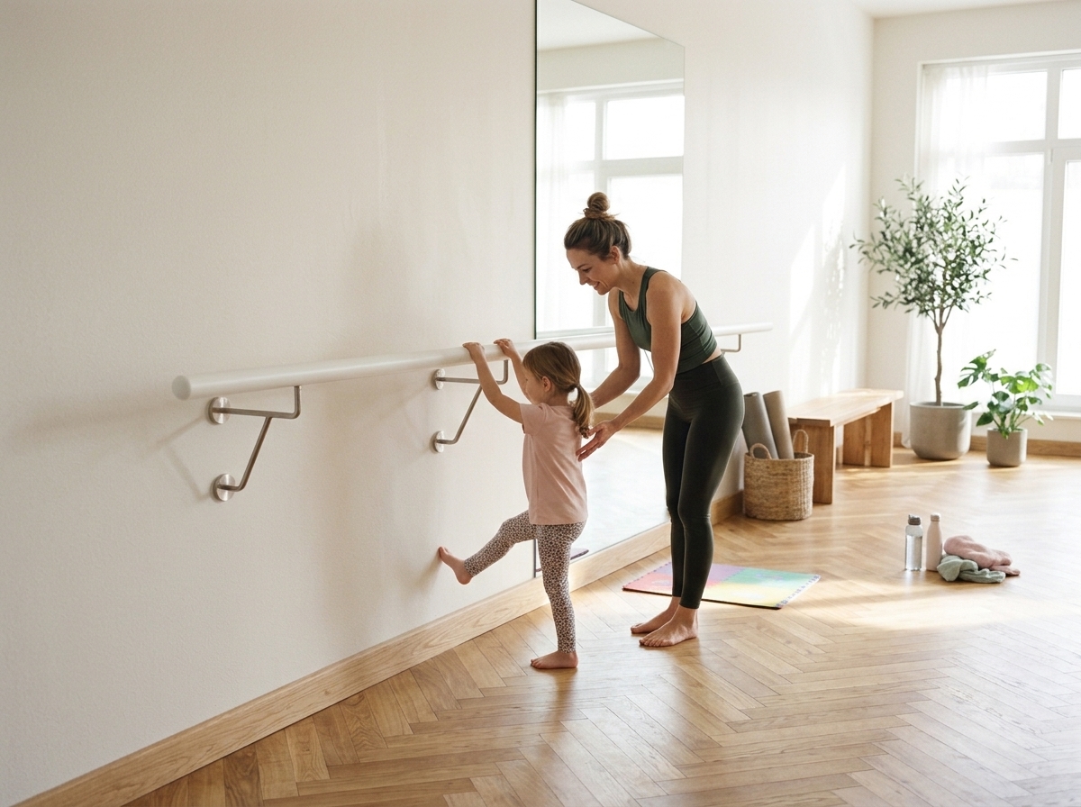 Barre de ballet laquée blanc avec supports muraux inox, mère et enfant s'exercent dans une pièce claire, miroir et parquet