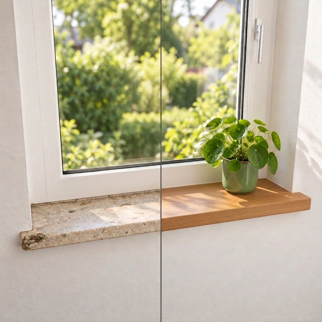 Appui de fenêtre de rénovation en hêtre teinté brun, avant-après : ancien appui en pierre à gauche, bois à droite