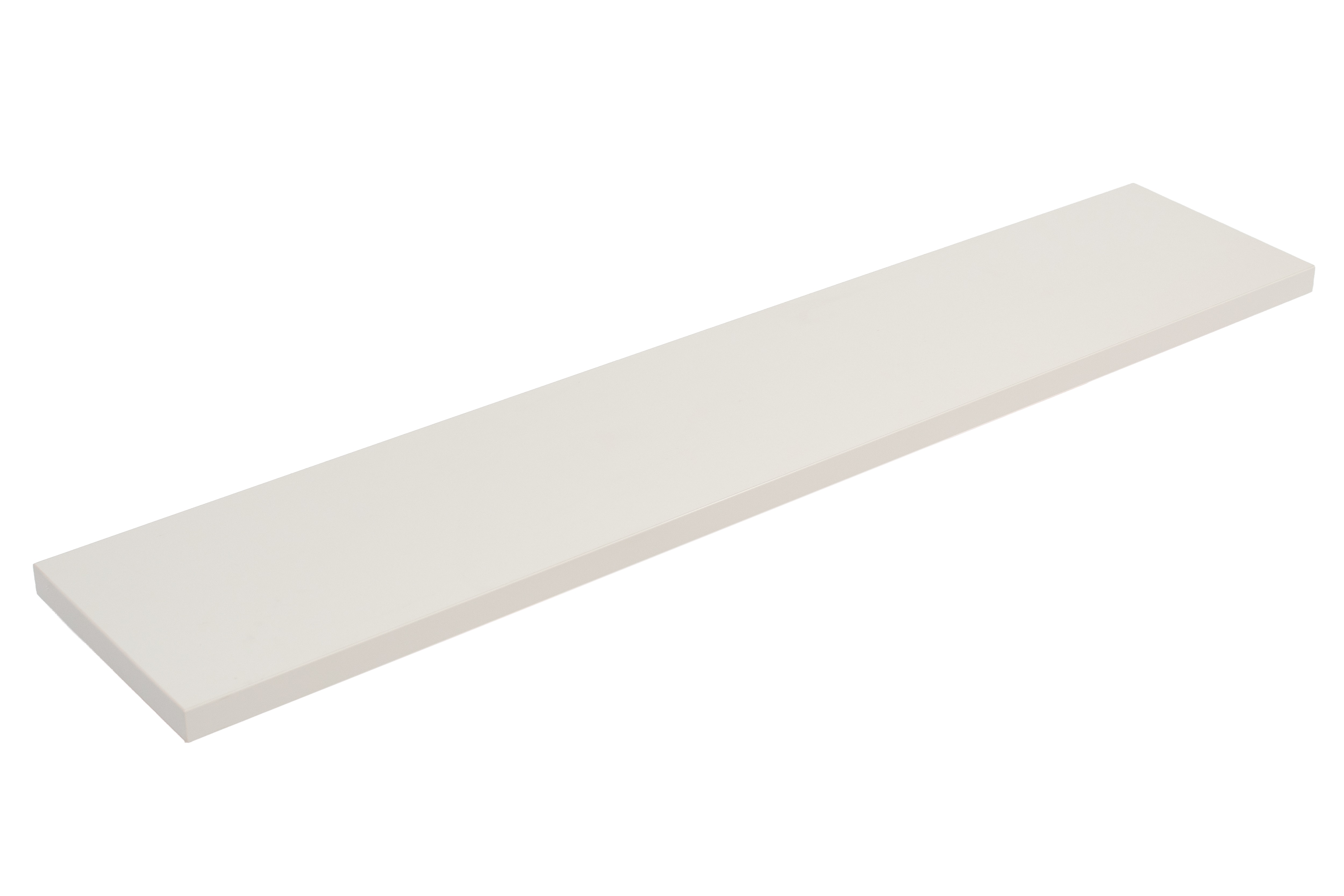 Appui de fenêtre en mélaminé gris, panneau lisse gris clair, détouré en vue oblique de dessus sur fond blanc