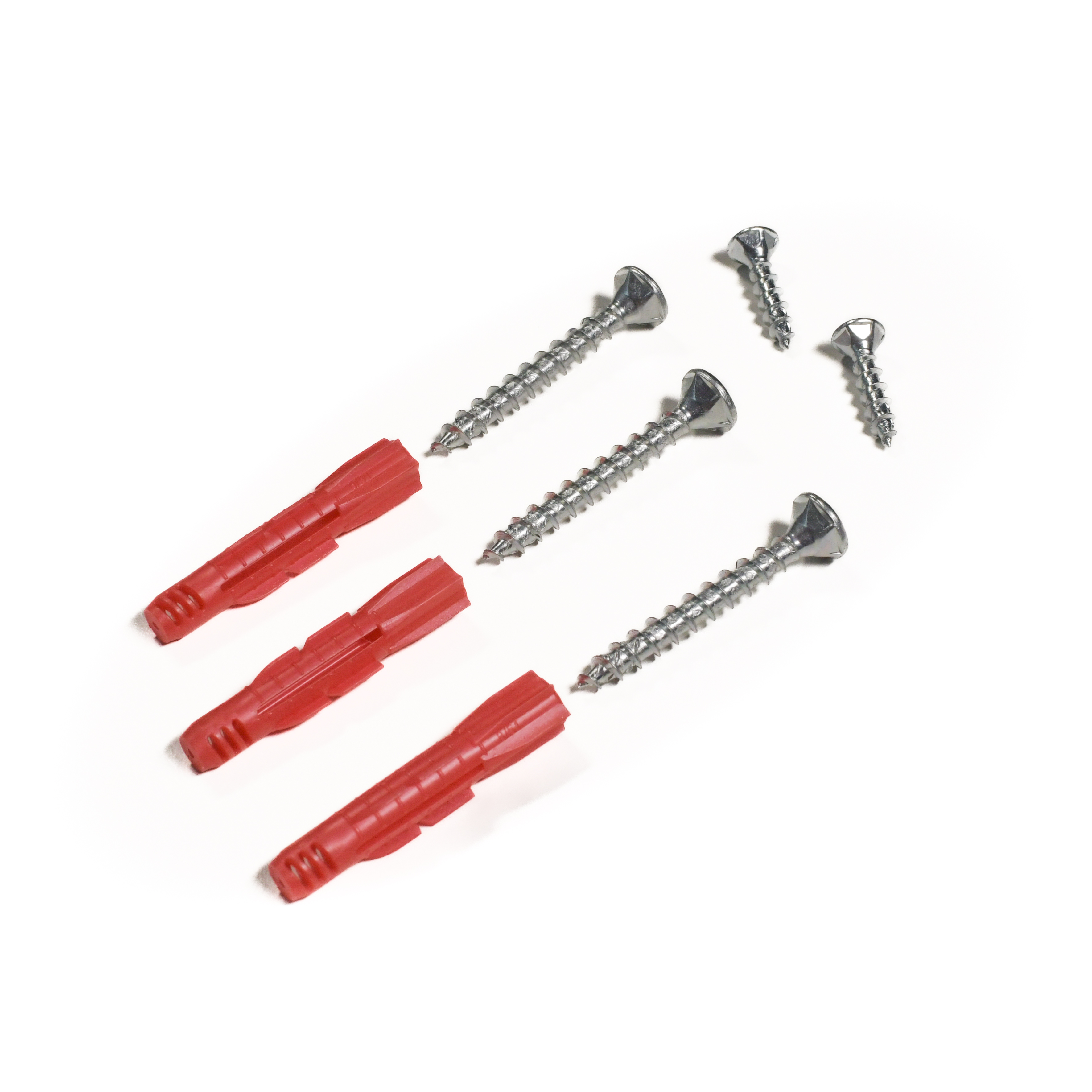 Accessoires de montage support de main courante : trois chevilles rouges, trois vis longues et trois courtes, détouré