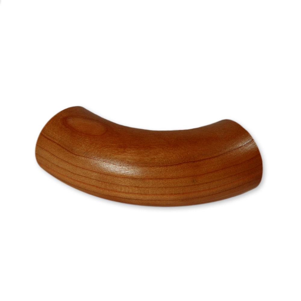 Coude d'extrémité rond à 90° en iroko, embout cintré en bois brun-rouge, posé à plat en vue latérale, Ø 35 à 50 mm