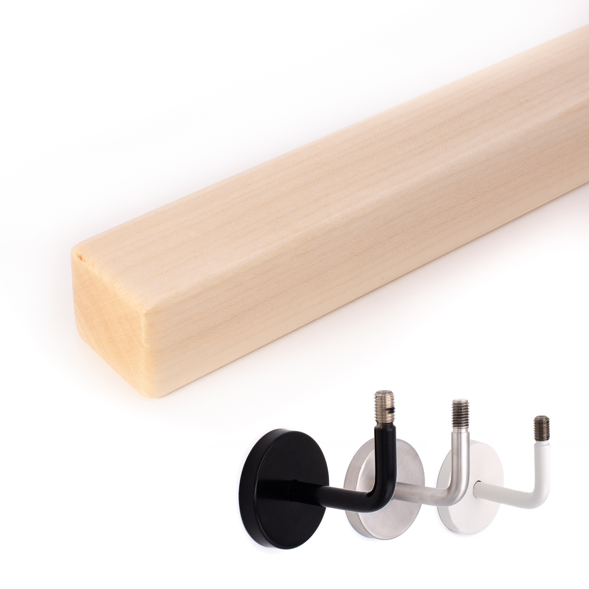 Main courante carrée en érable naturel, détourée en diagonale avec supports de main courante noir, inox et blanc