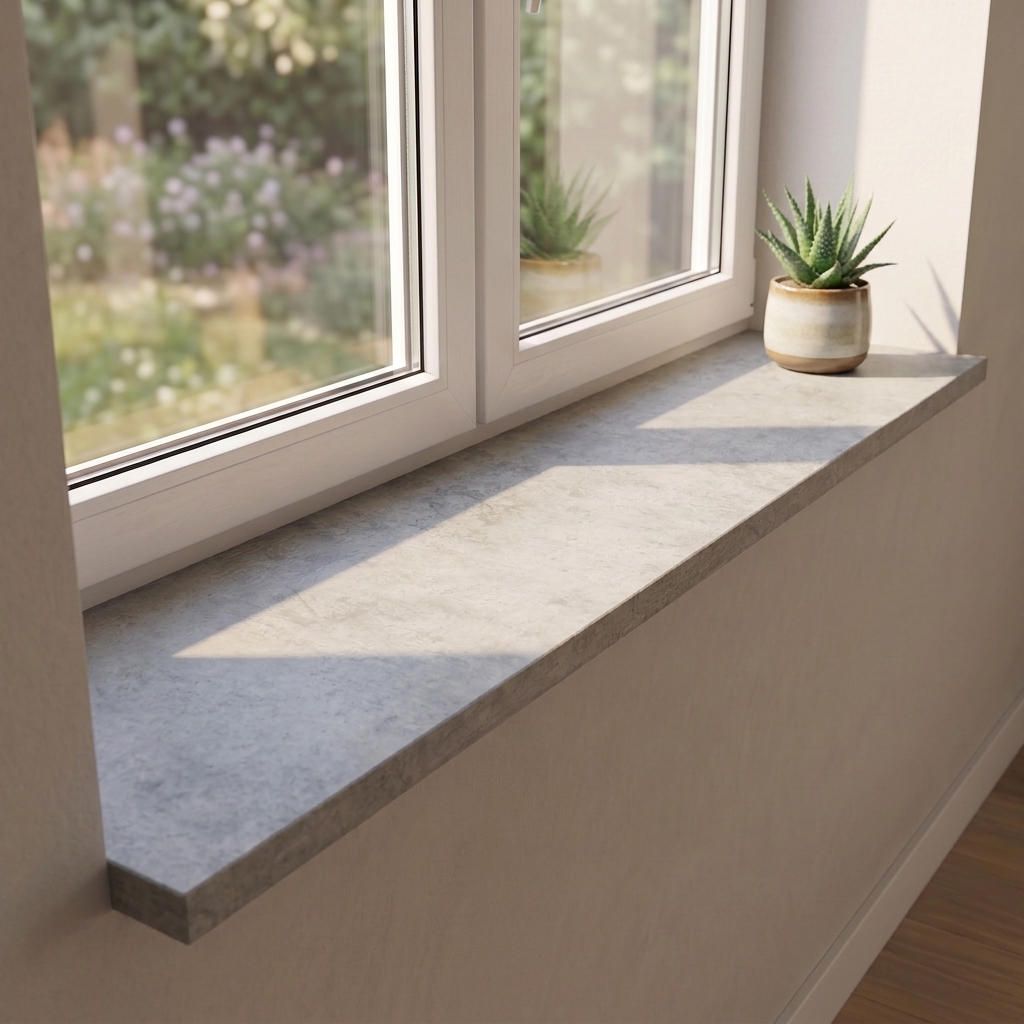 Appui de fenêtre en mélaminé aspect pierre béton gris sous fenêtre donnant sur le jardin, plante en pot sur l'appui