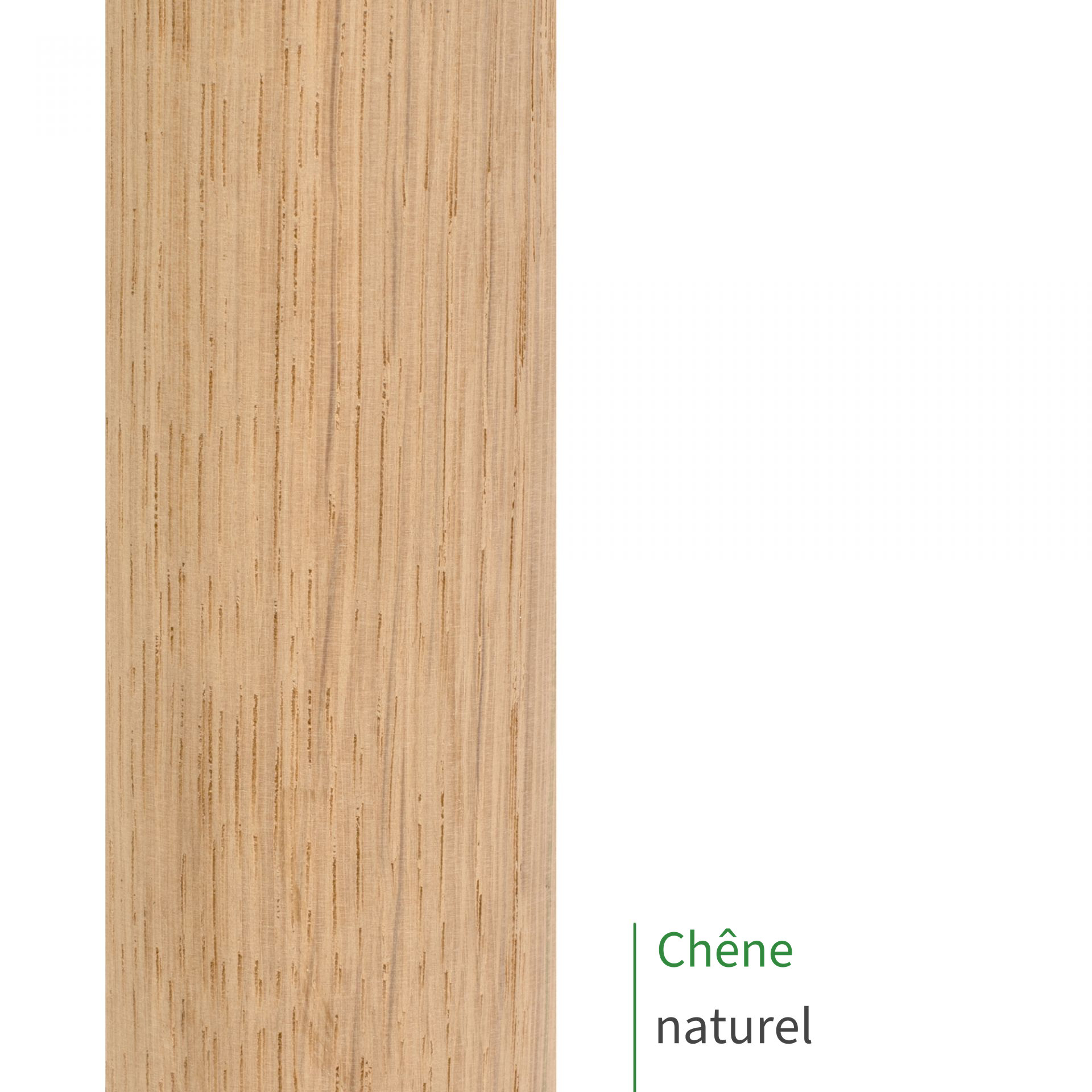 Main courante en chêne au fini naturel : gros plan sur le bois clair non traité et son veinage droit, mention Chêne naturel