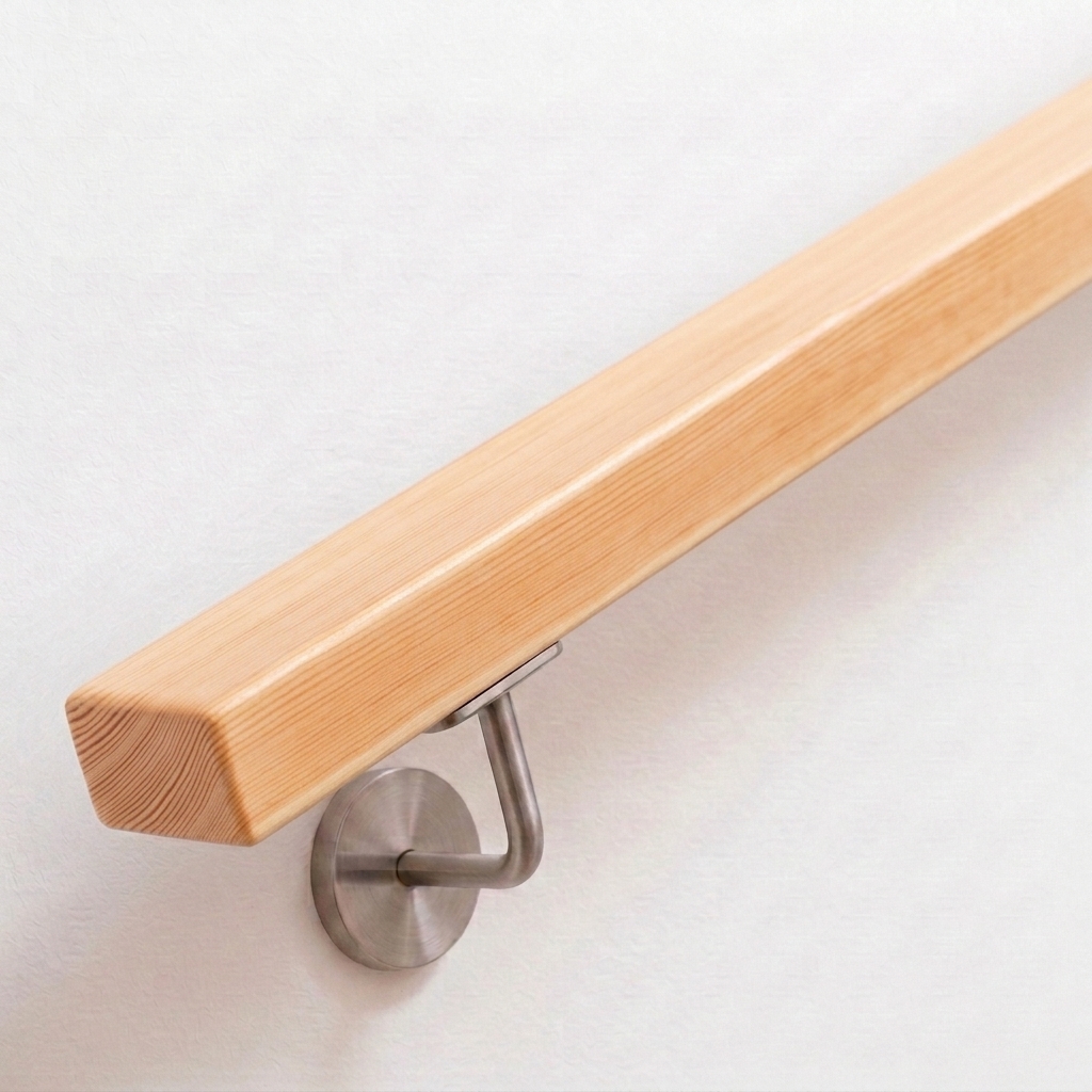 Main courante rectangulaire en pin, résineux clair veiné, support inox sur mur blanc, extrémité droite
