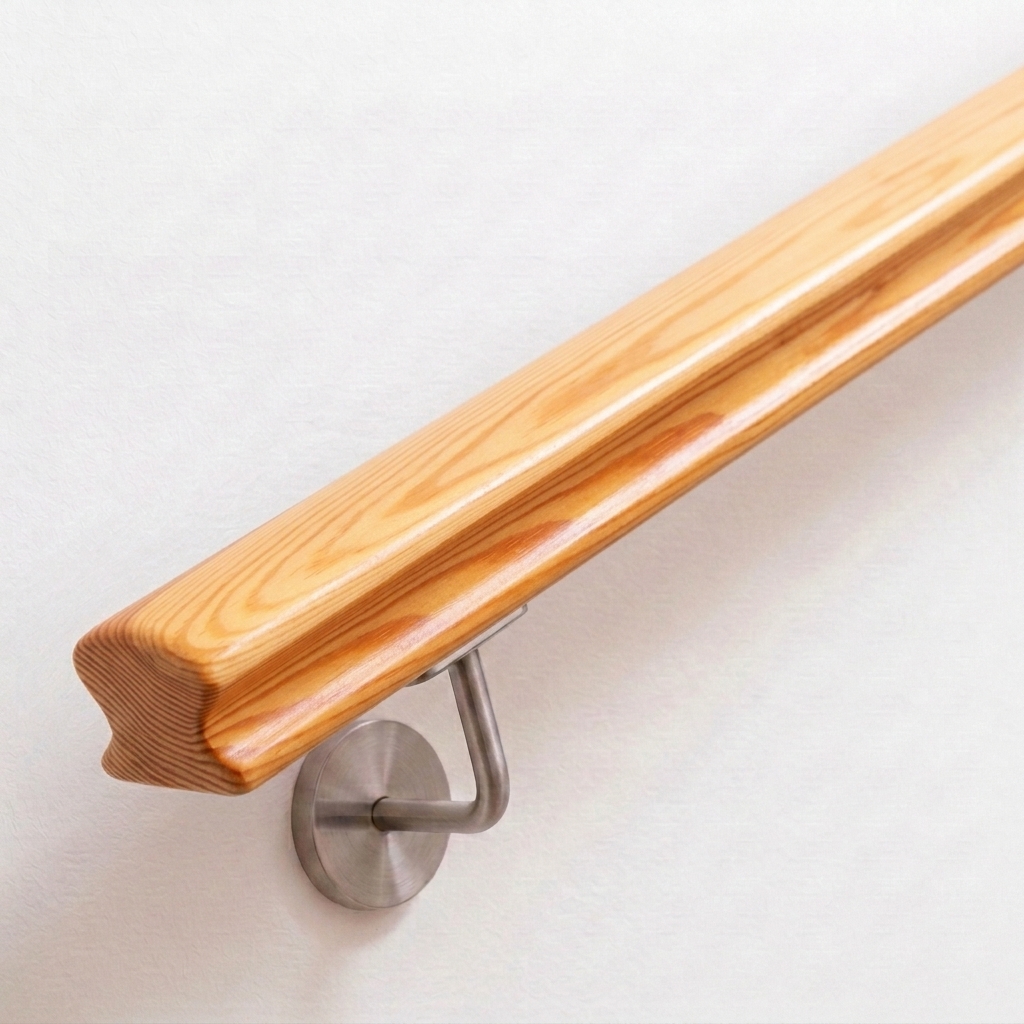 Main courante Omega en pin à section profilée et veinage jaunâtre, support de main courante inox sur mur blanc